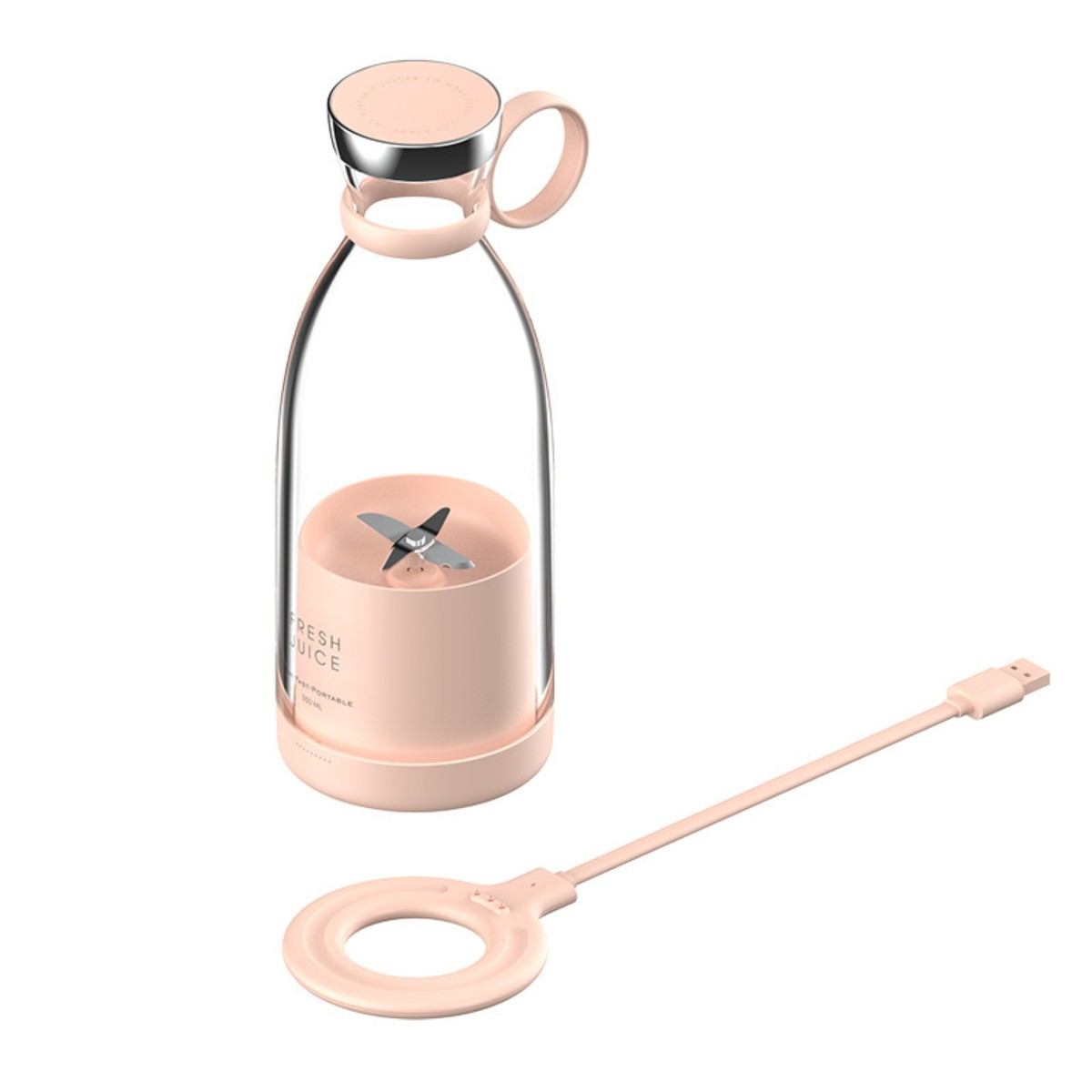 Licuadora rosa con botella transparente, cuchillas, cable USB rosa y asa.