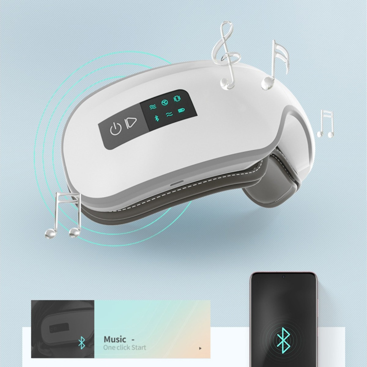 Un dispositivo de masaje blanco con notas musicales y un teléfono que muestra un icono de Bluetooth.