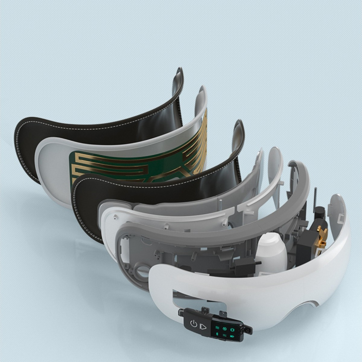 Corte transversal de un auricular de realidad virtual. Se muestran múltiples capas, con un cable.