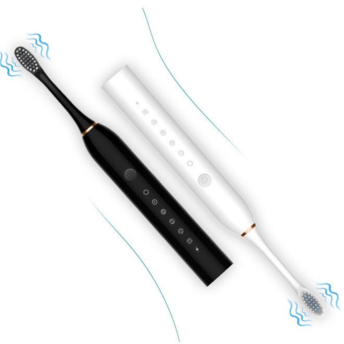 Zwei elektrische Zahnbürsten, schwarz und weiß. Beide haben Wellenlinien, die Vibrationen anzeigen.