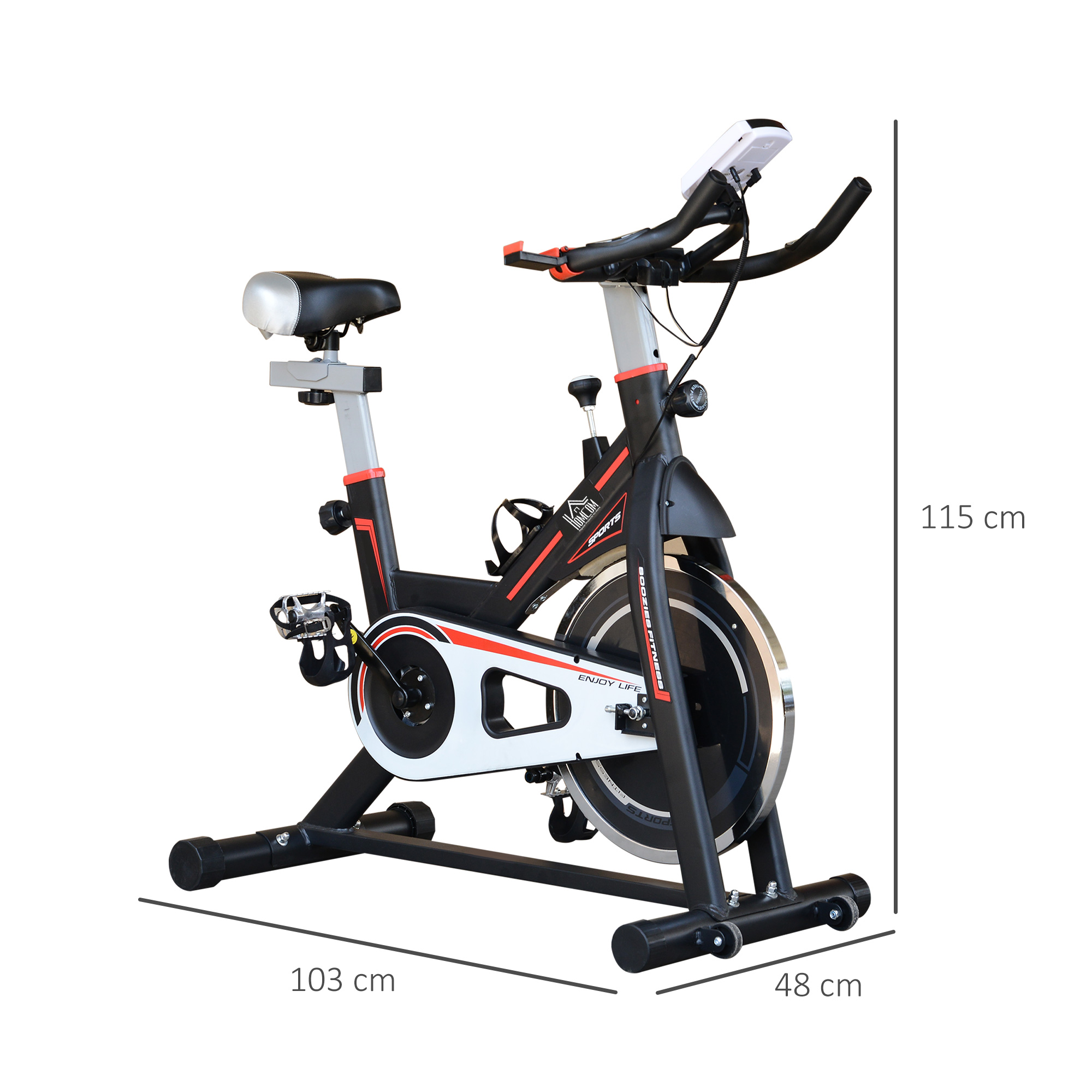 Bicicleta estática con medidas. Negro y rojo con dimensiones etiquetadas en cm.