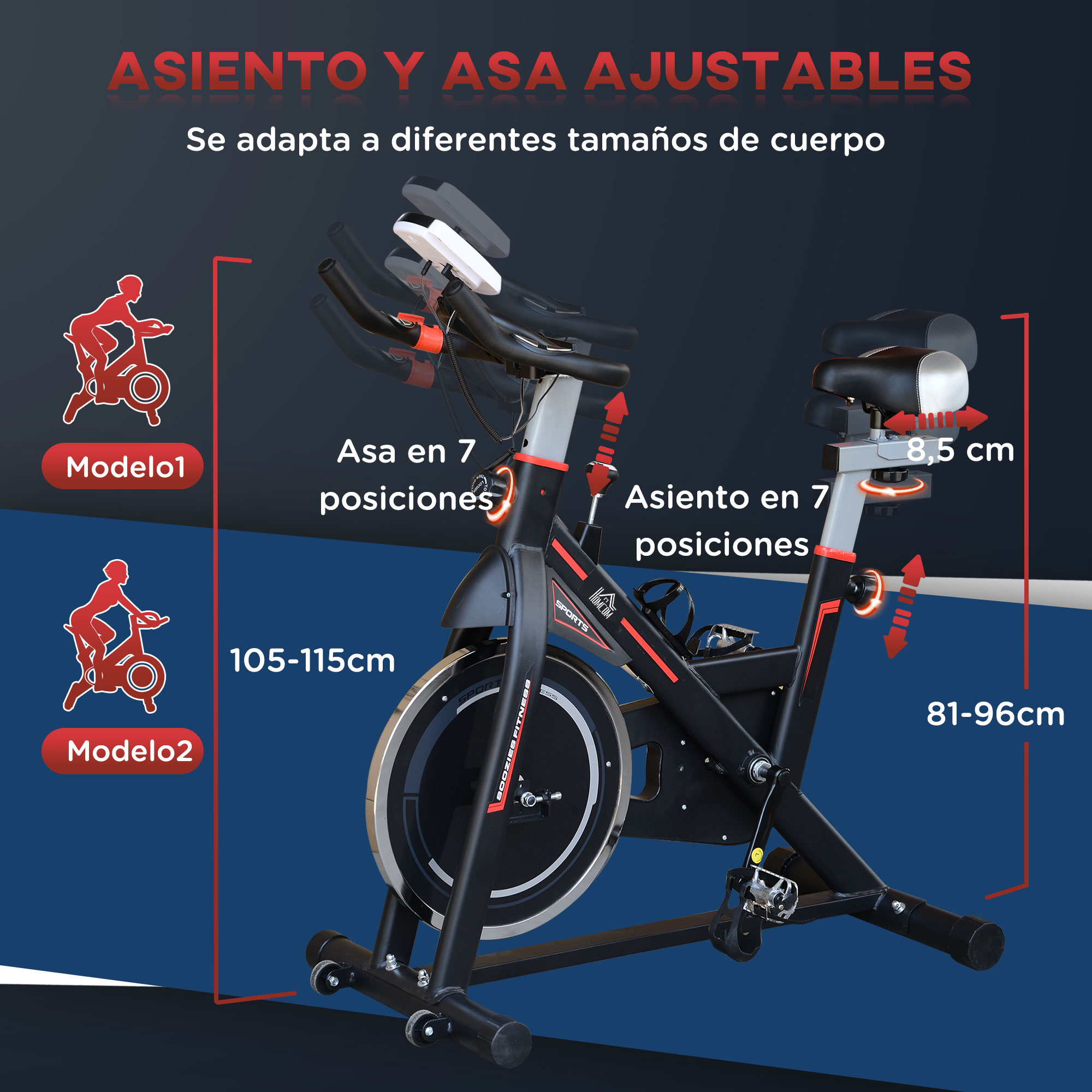 Bicicleta estática con asiento y posiciones de manillar ajustables. Diagramas con medidas y ajustes etiquetados.