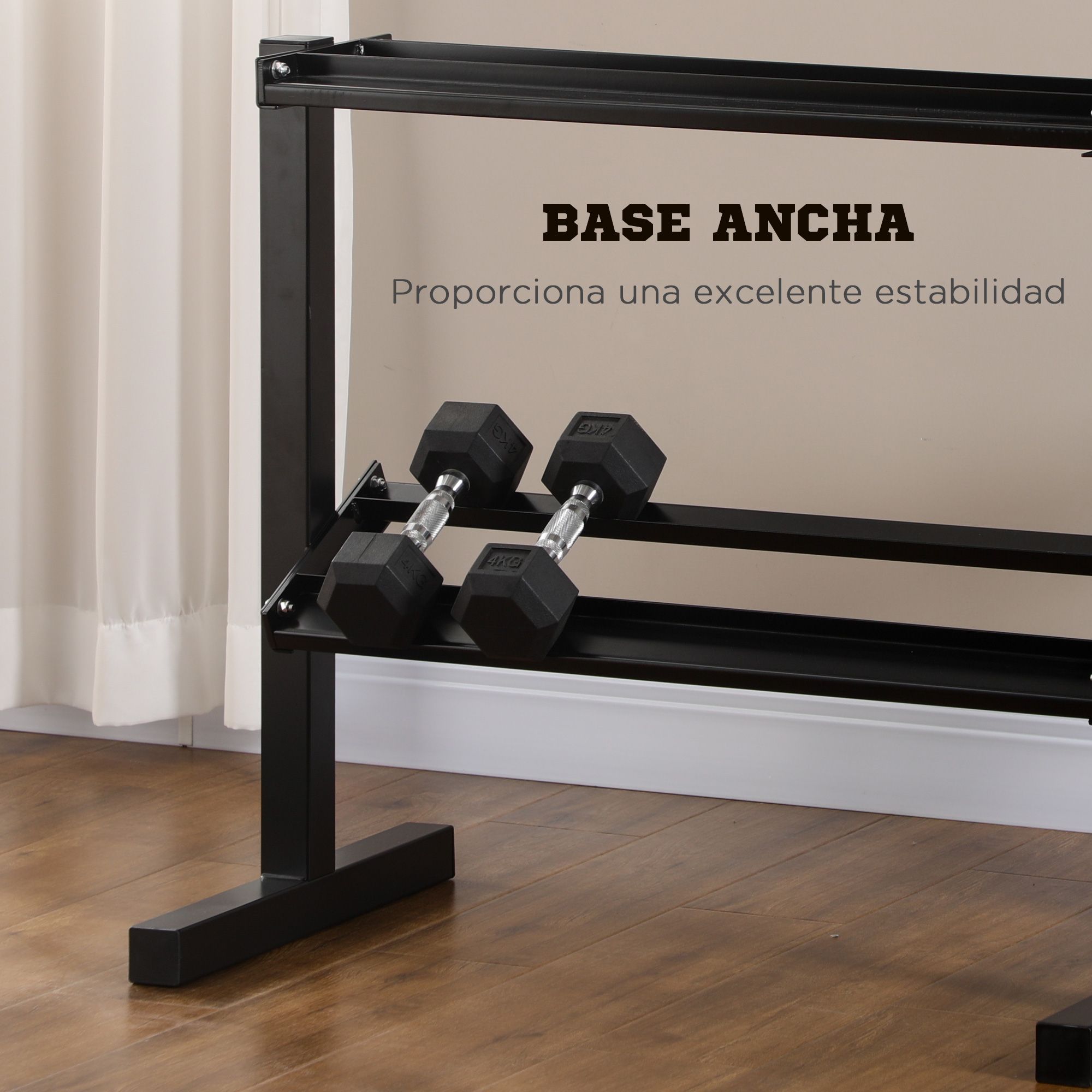 Estante negro para pesas con mancuernas. Texto: BASE ANCHA, Proporciona excelente estabilidad.