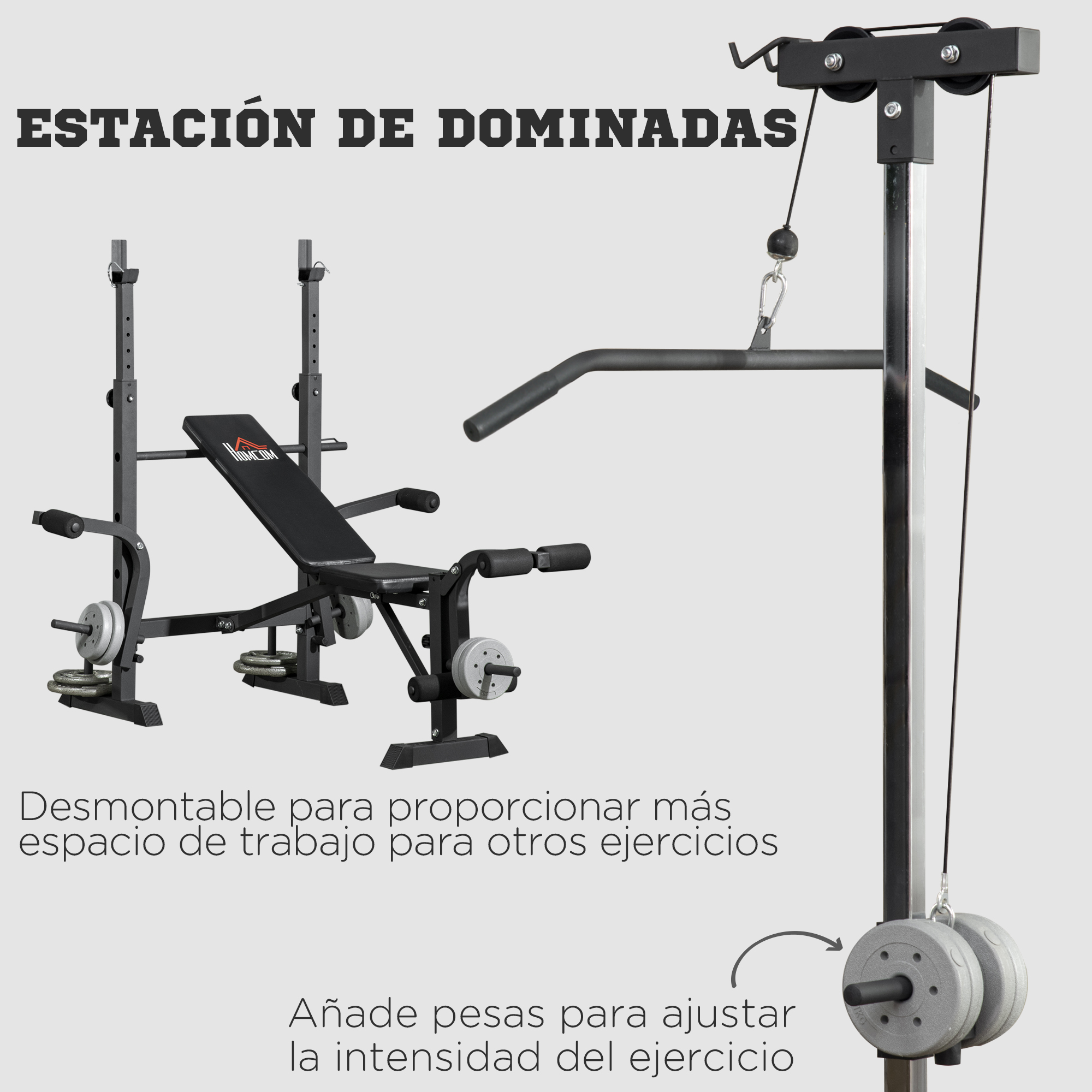 Una configuración de equipo de gimnasio, con una estación de dominadas y pesas, con texto en español.