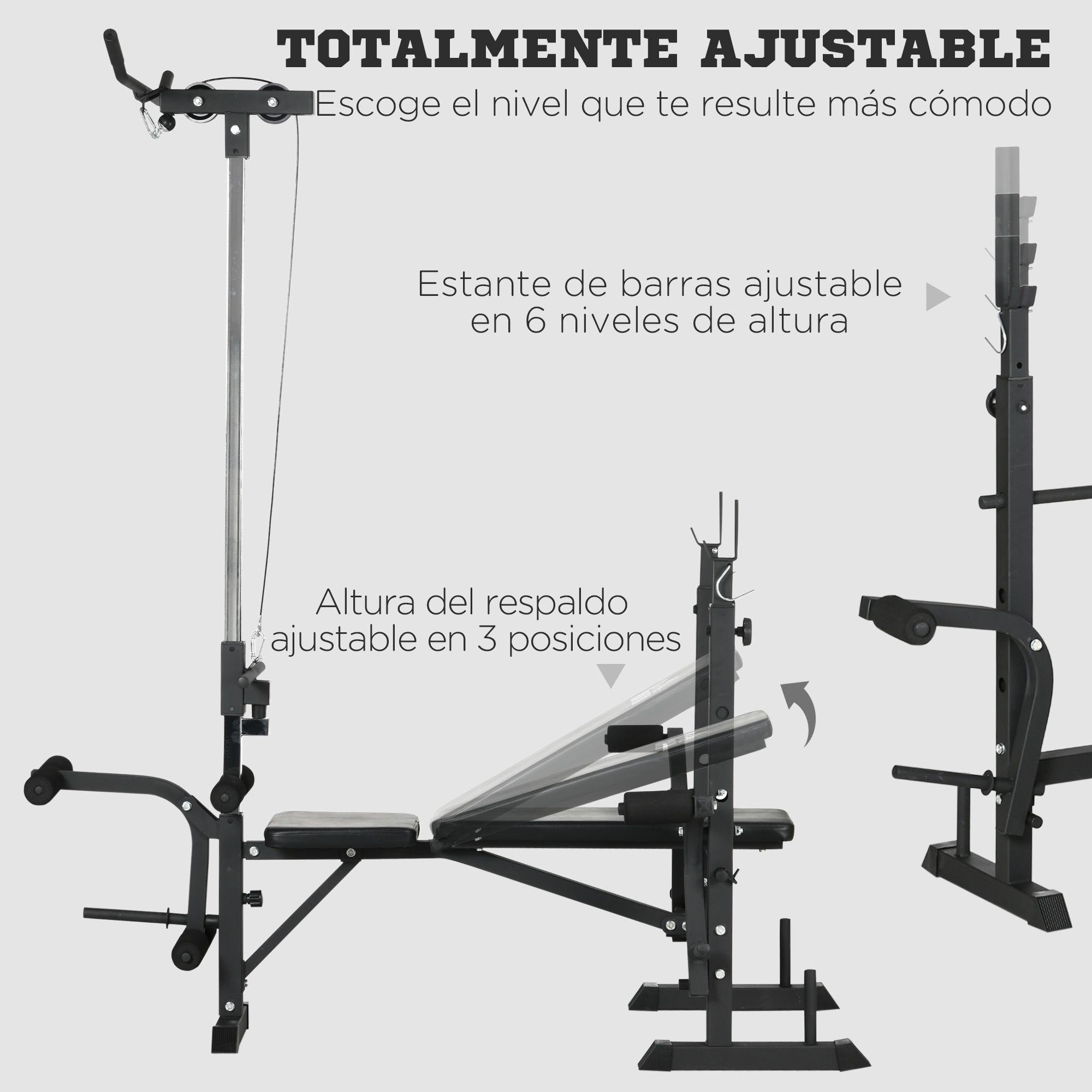 Un banco de entrenamiento con respaldo ajustable y soporte de barra ajustable, negro y metálico.
