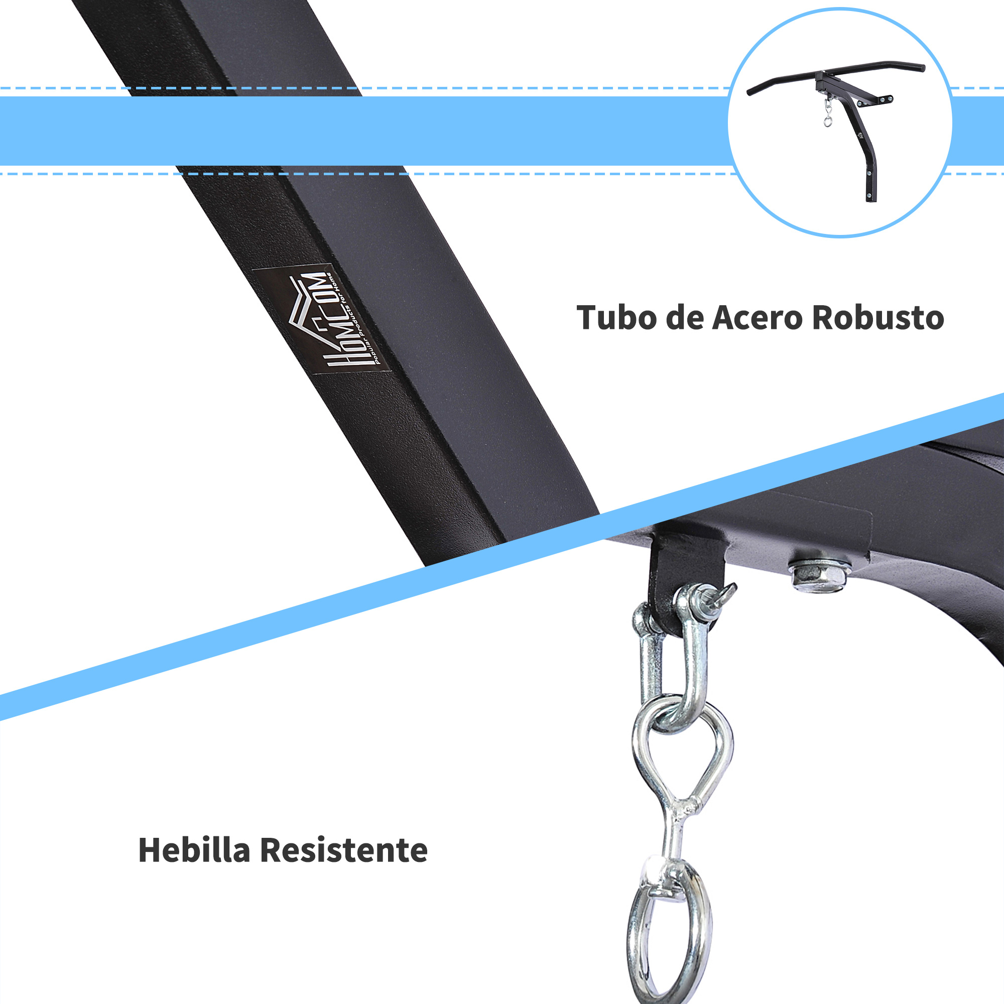 Primer plano de una barra de dominadas negra con detalles de texto: 'Tubo de Acero Robusto' y 'Hebilla Resistente'.