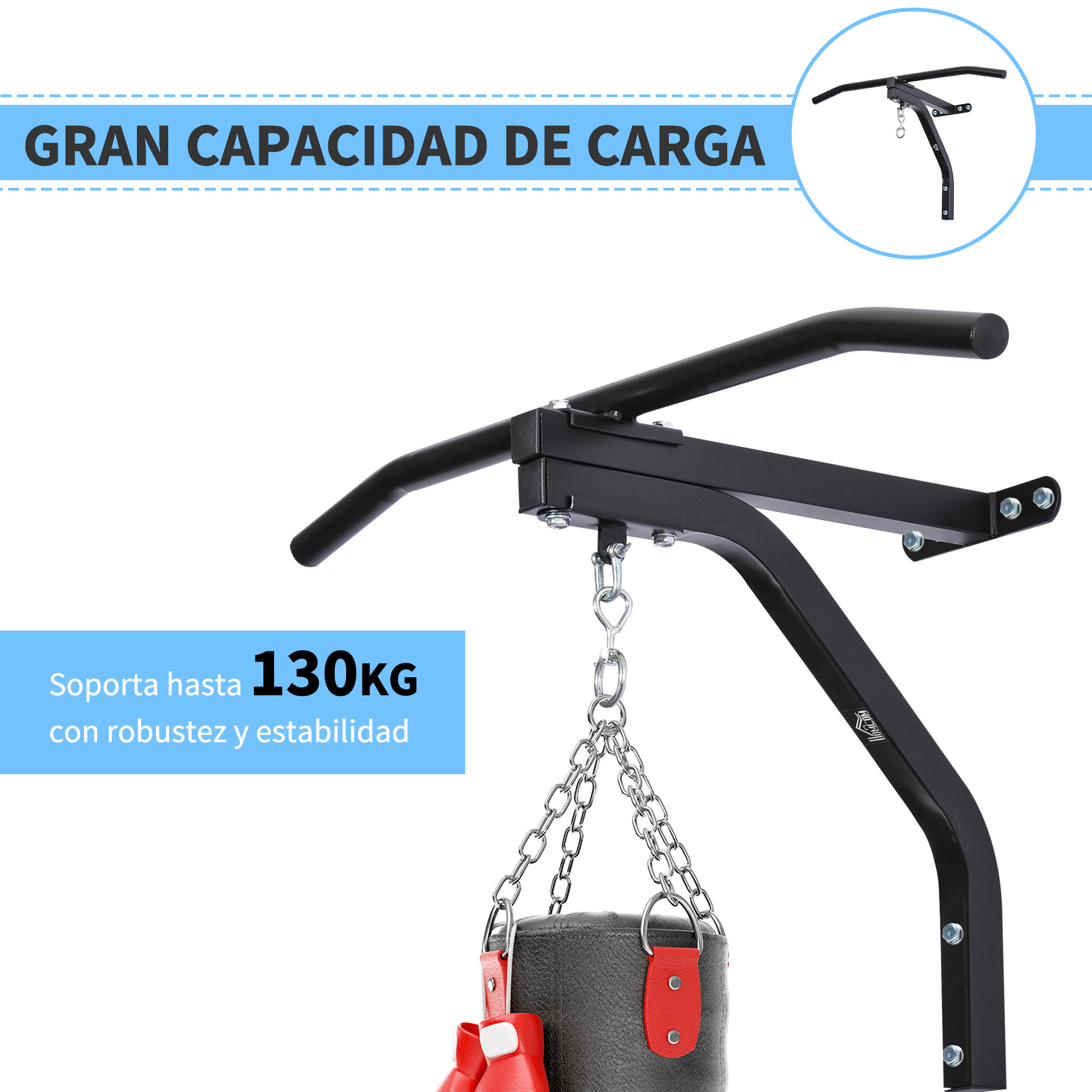 Barra de dominadas negra montada en la pared con saco de boxeo. Texto en español.