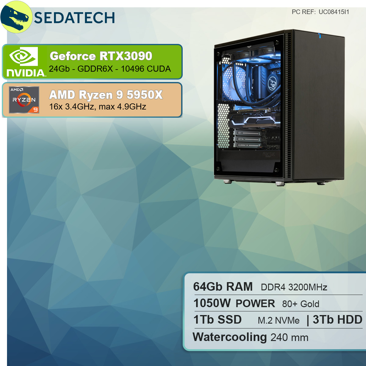 SEDATECH AMD Ryzen 9 mit 3000 5950X Wasserkühlung, GeForce GB 9 GB SSD, PC-desktop HDD, GB 24 Kein, 3090, Ryzen™ AMD 1000 RAM, RTX™ Prozessor, 64 GB NVIDIA mit