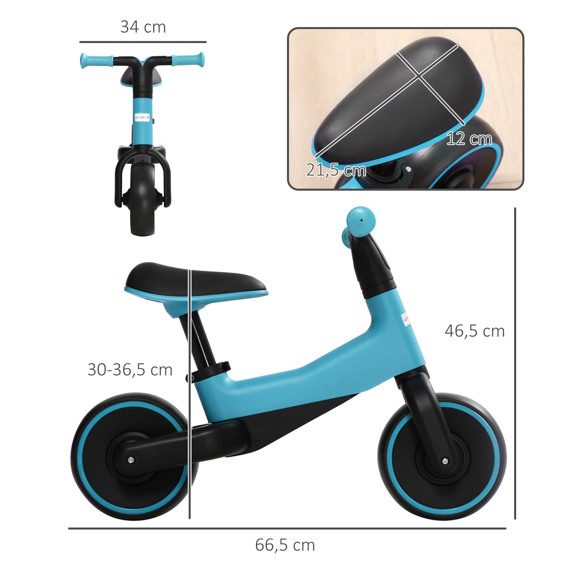 Bicicleta de equilibrio azul y negra con marcas dimensionales.