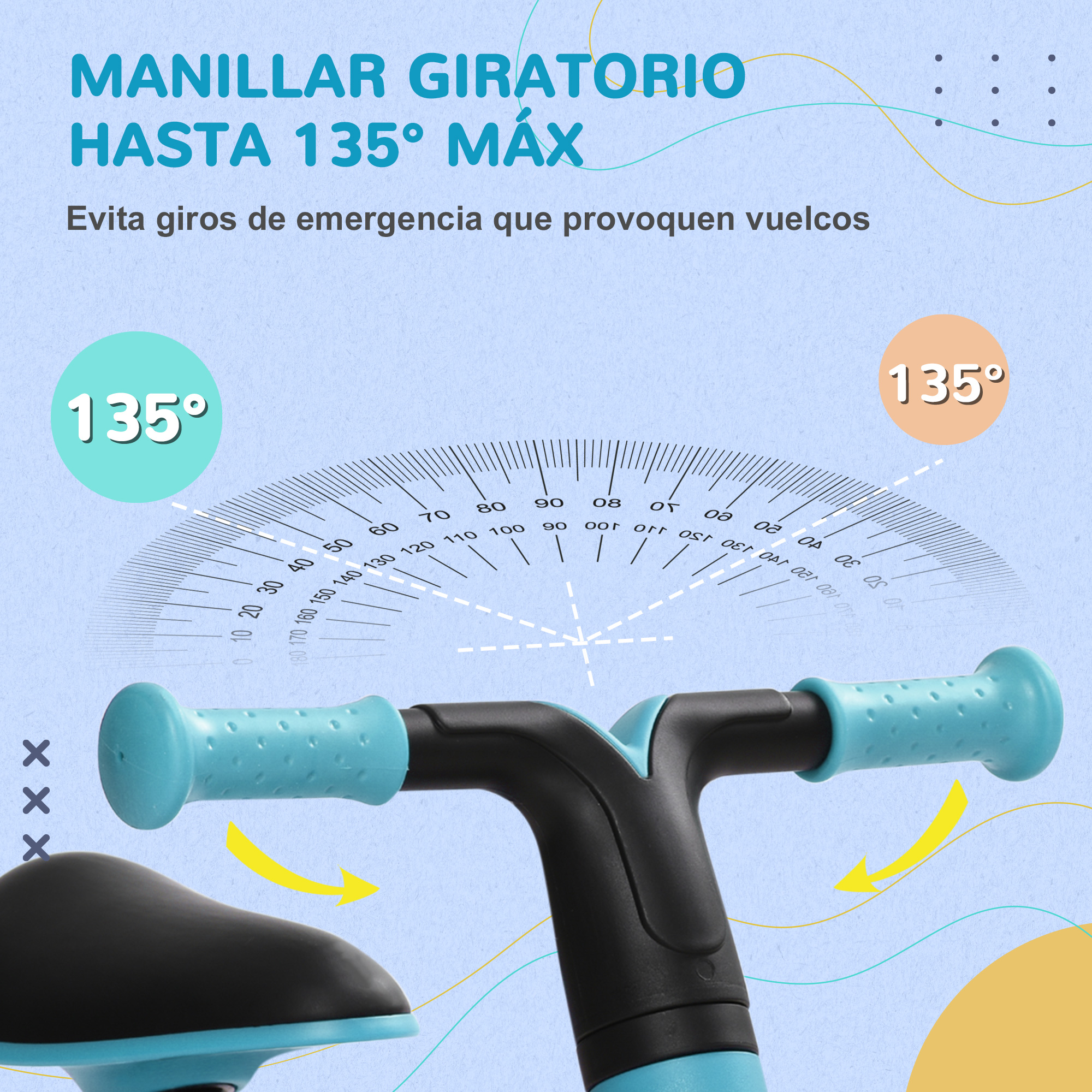 Manillar de patinete azul y negro con texto e indicador de ángulo de 135 grados.