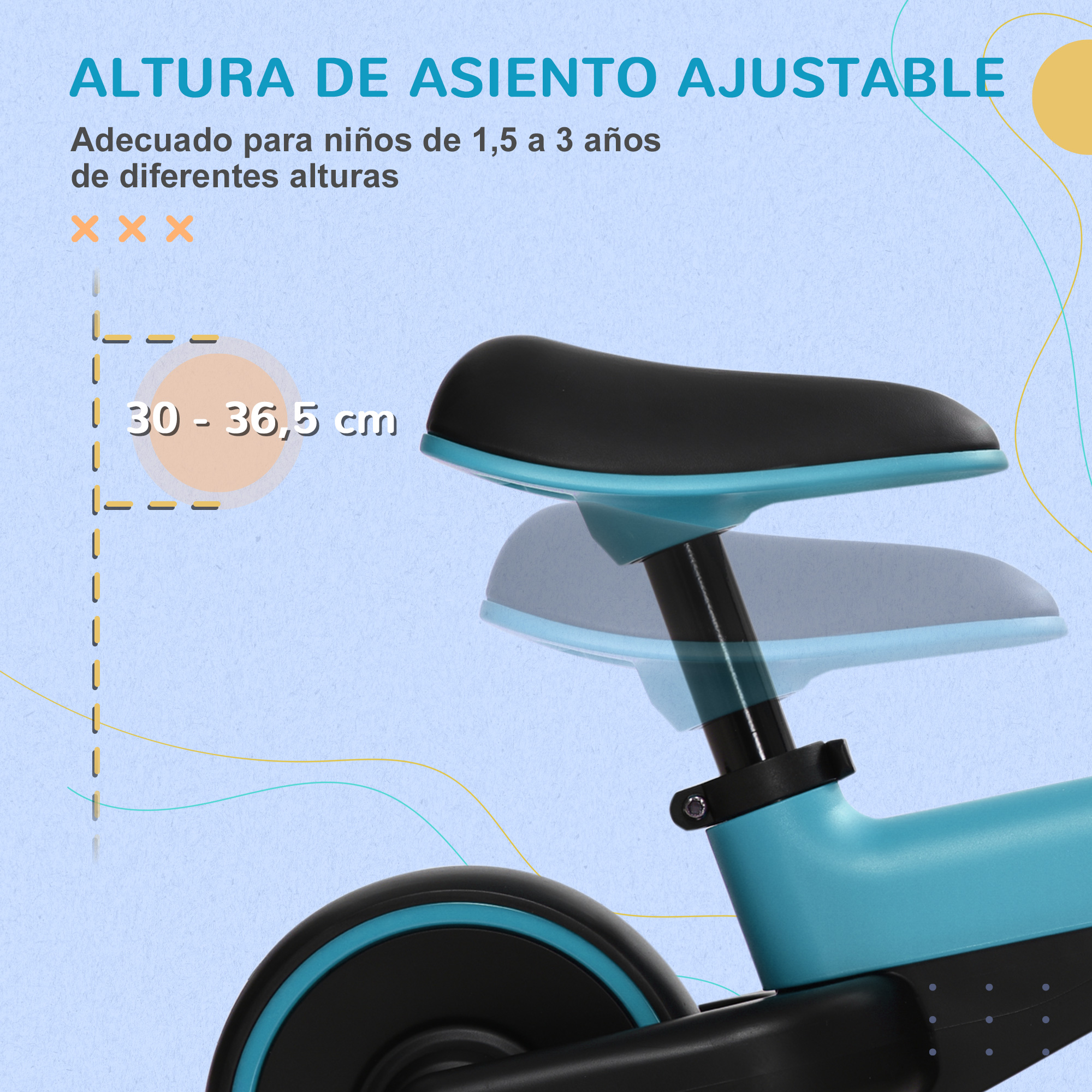 Bicicleta de equilibrio azul y negro para niños. Texto en español indica altura ajustable.