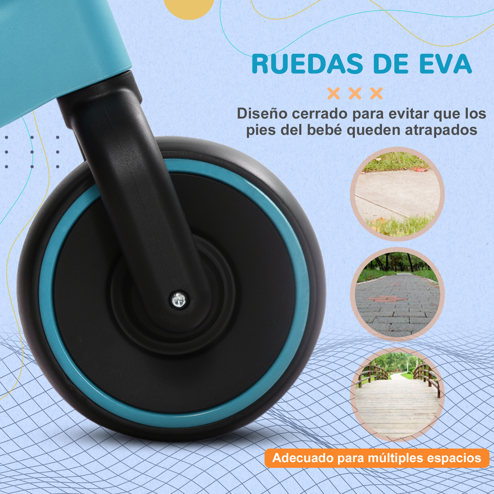 Primer plano de la rueda del cochecito y texto sobre la prevención del atrapamiento del pie del bebé.