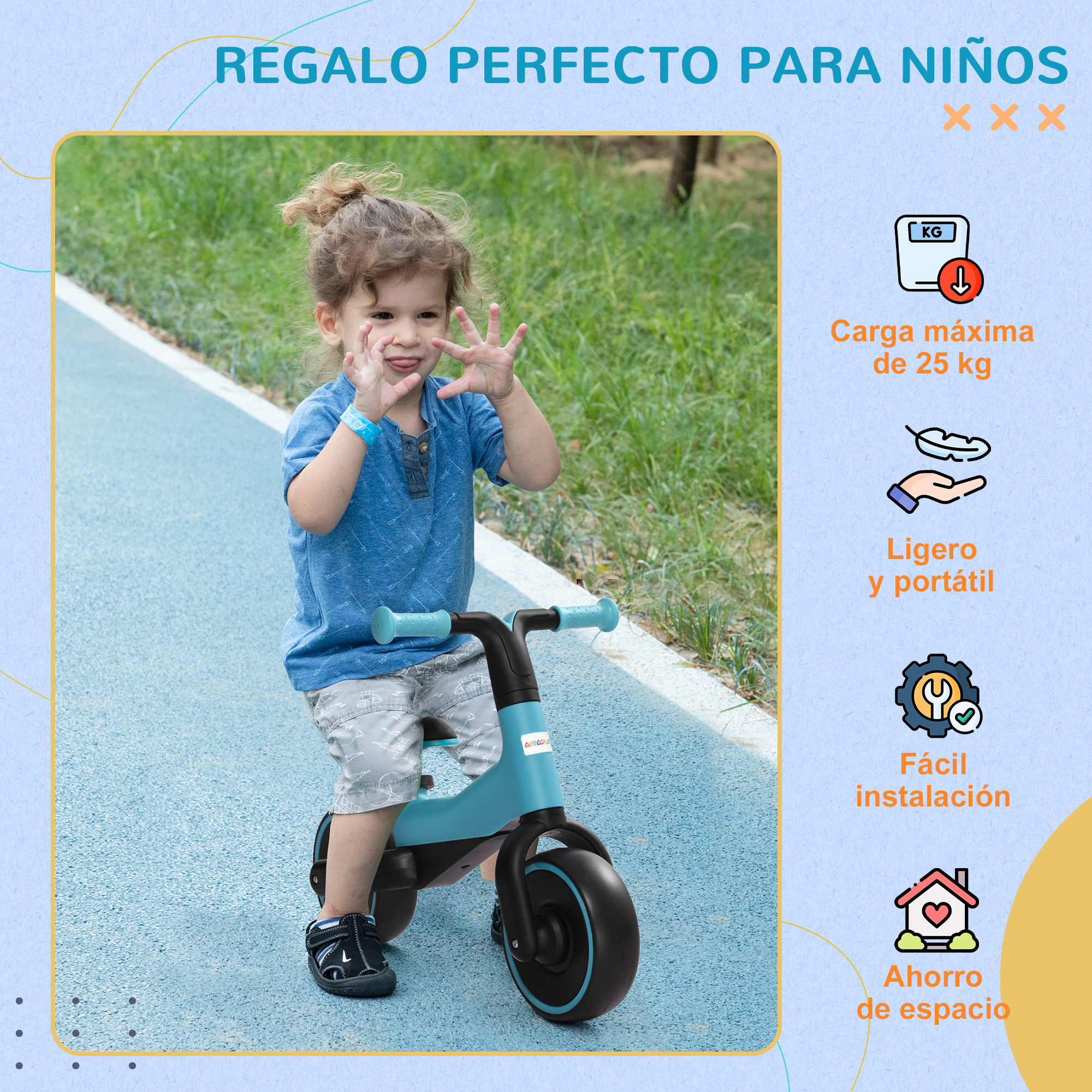 Un niño en una bicicleta de equilibrio azul. Tiene las palabras Regalo perfecto para niños.