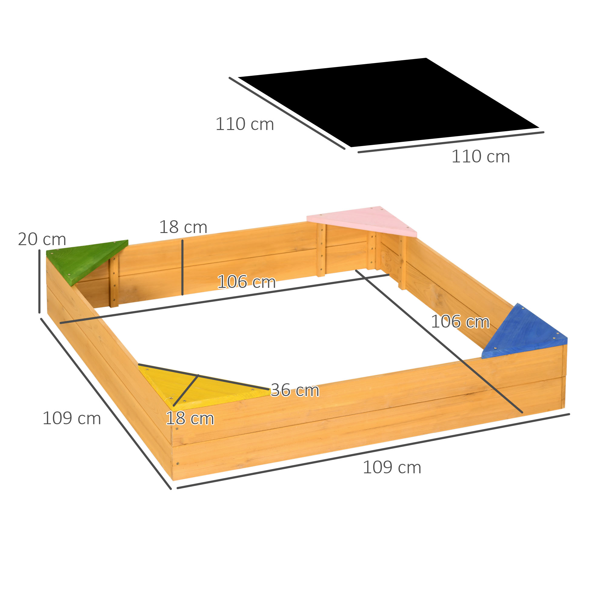 Un arenero de madera con esquinas de colores, se proporcionan dimensiones.