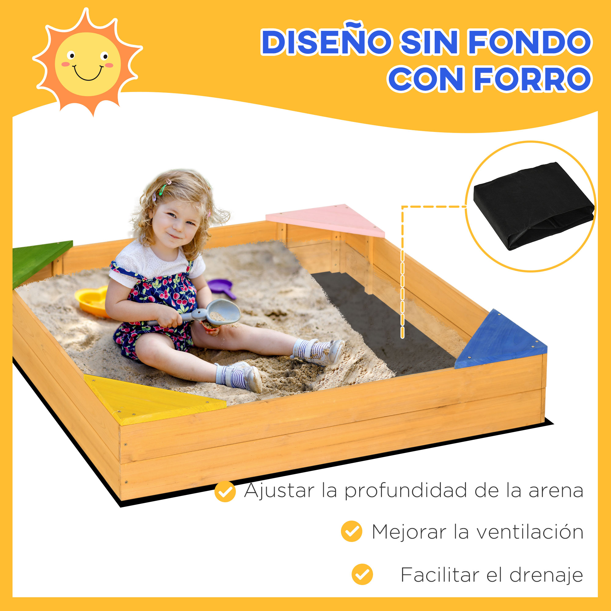 Un arenero de madera con asientos esquineros de colores y una niña pequeña jugando dentro con una pala de juguete.