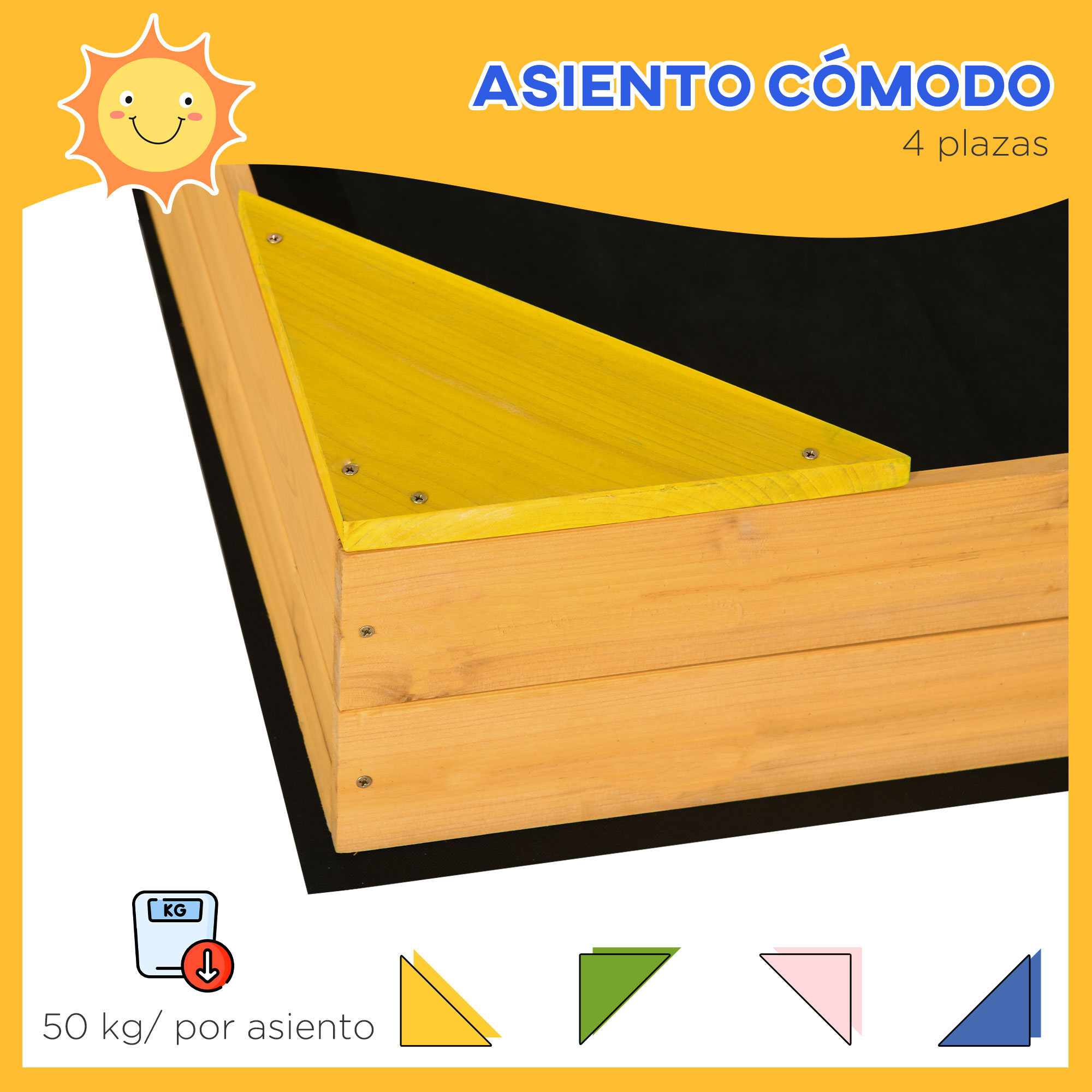 Un arenero de madera con un asiento de esquina amarillo, destacando su diseño y capacidad de asiento.