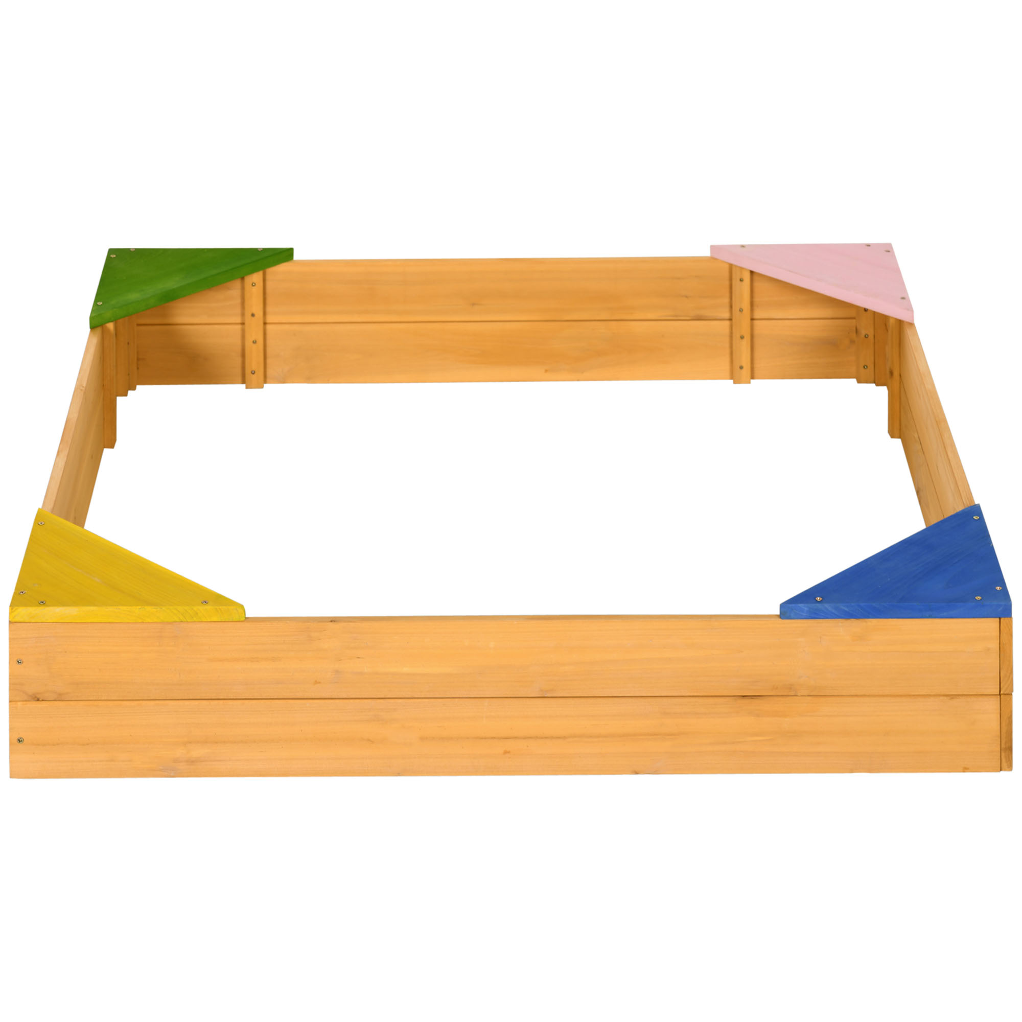 Un arenero de madera con piezas de esquina de colores, incluyendo amarillo, verde, rosa y azul.
