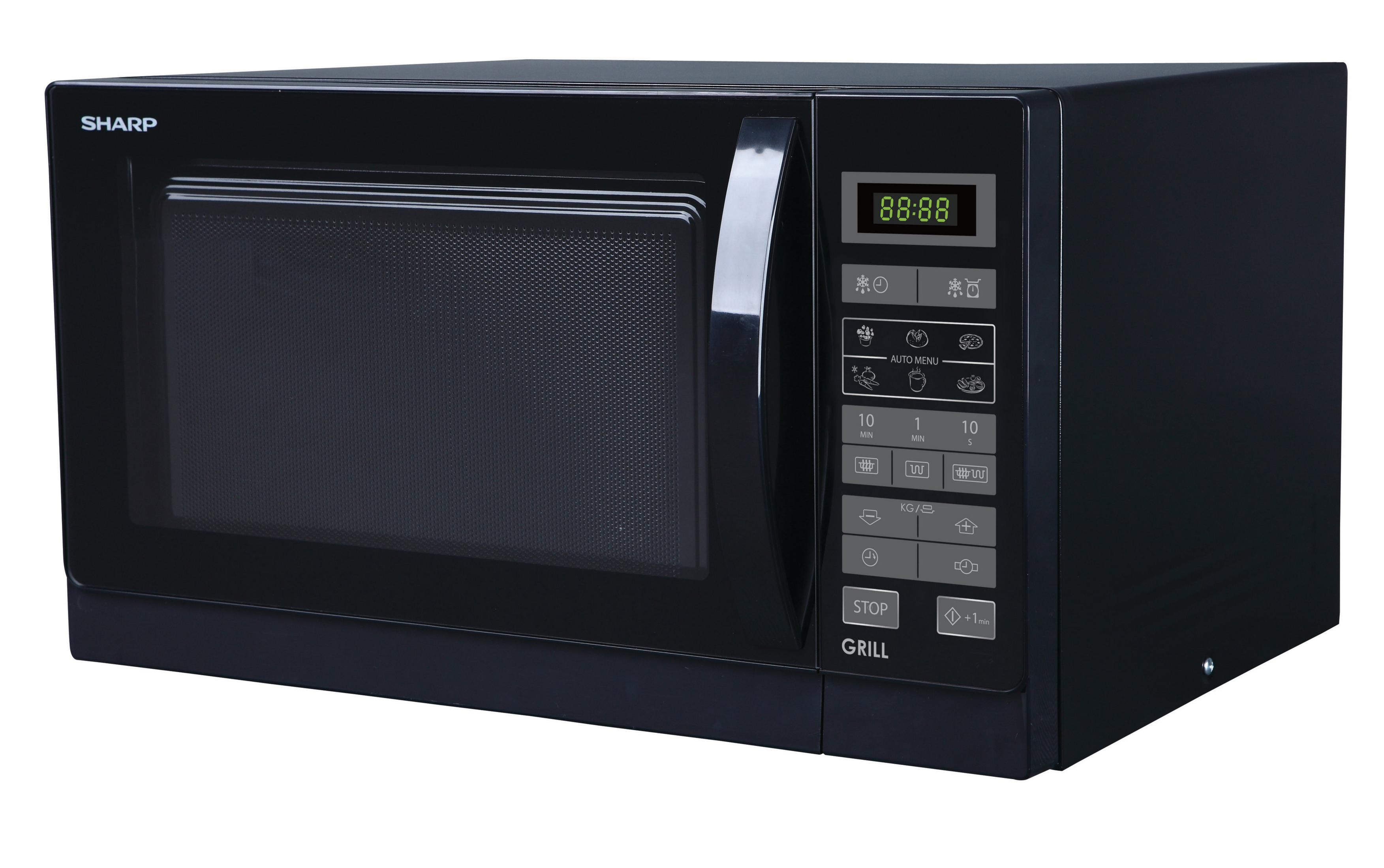 Czarna kuchenka mikrofalowa z wyświetlaczem cyfrowym i przyciskami sterowania.