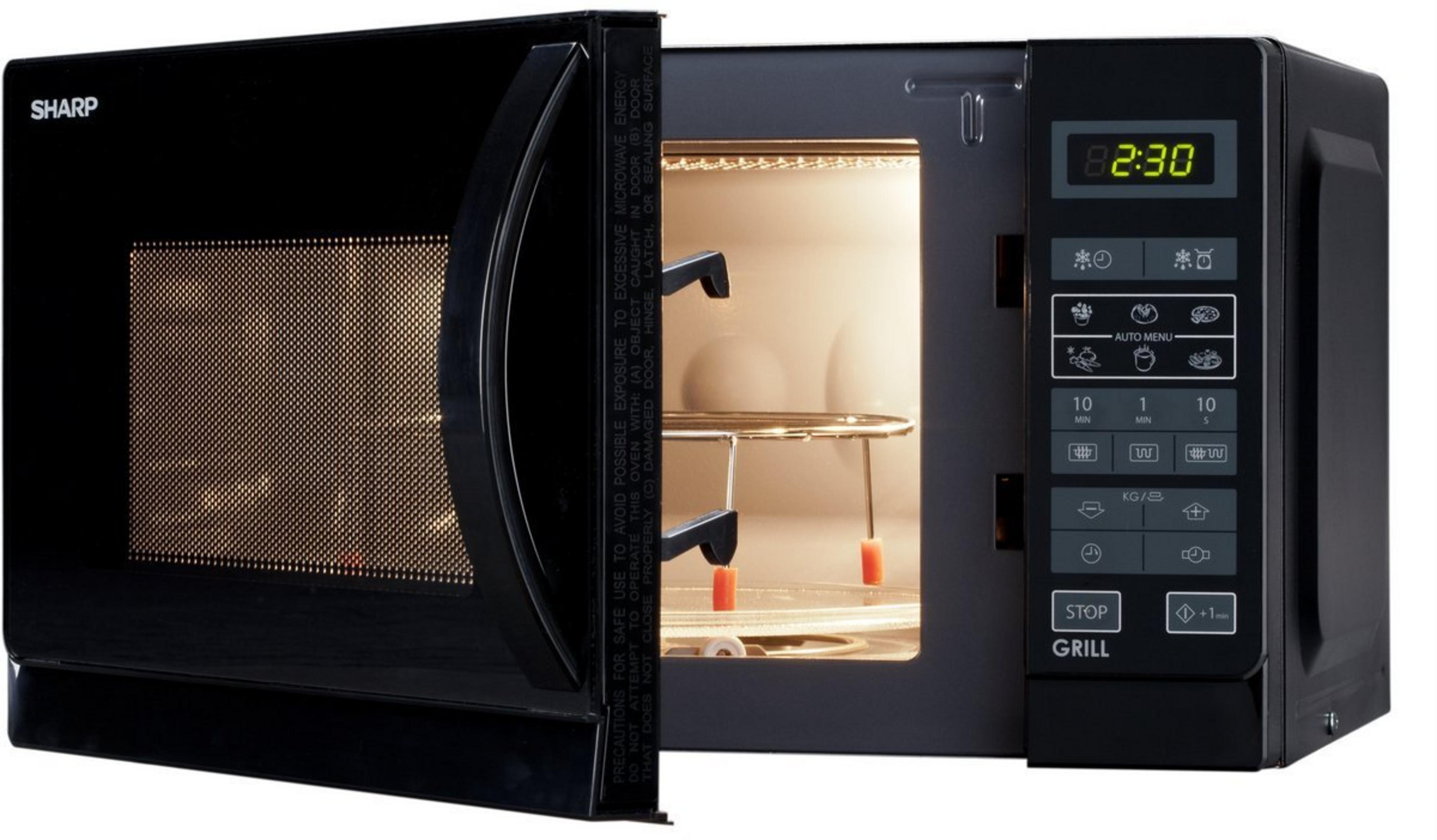 Czarna kuchenka mikrofalowa z otwartymi drzwiami, wnętrzem i panelem sterowania.