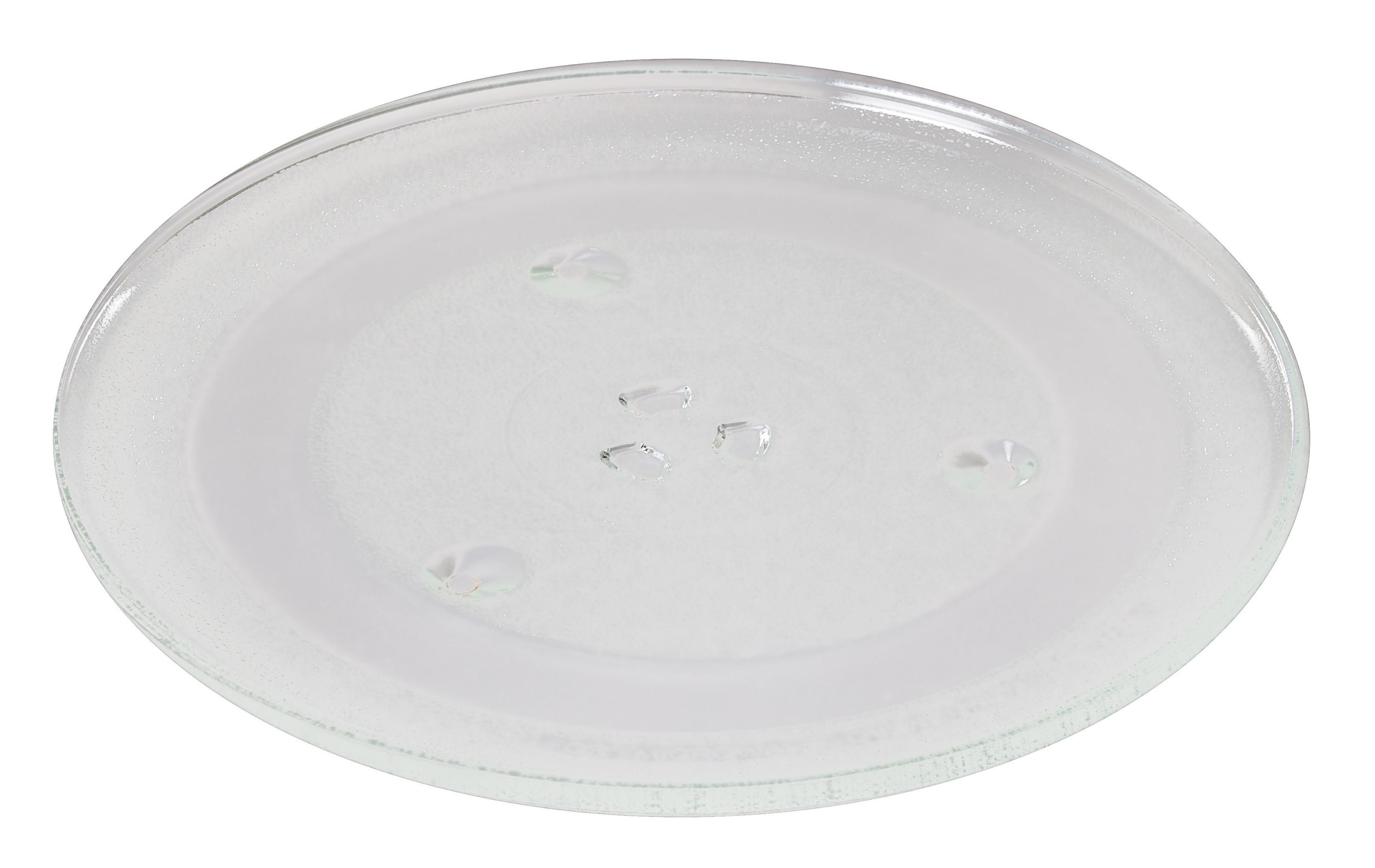 Przezroczysty szklany talerz do mikrofali z podniesionymi okrągłymi żebrami na białym tle. Talerz jest owalny.