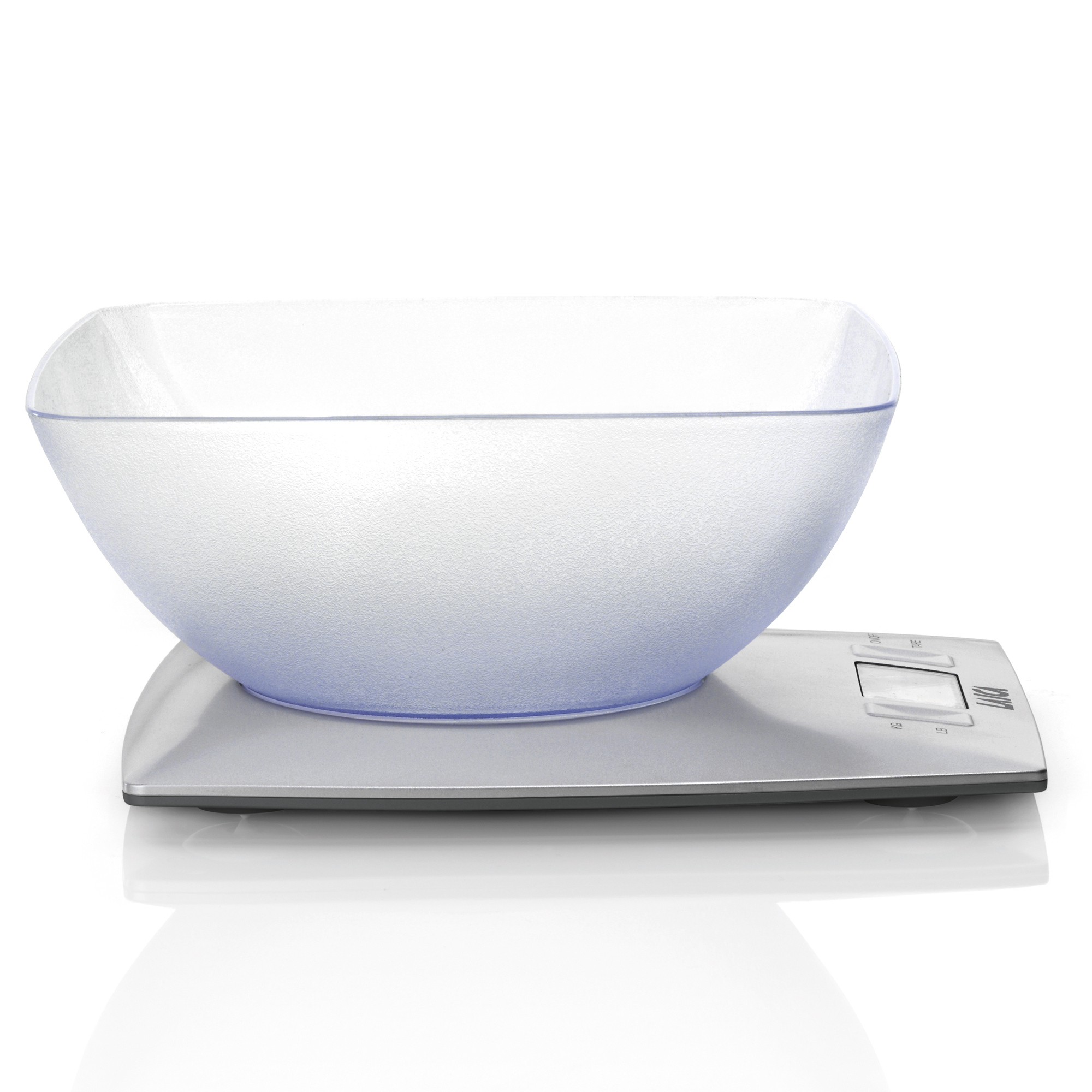 Waga kuchenna z przezroczystą miską. Waga jest srebrna.