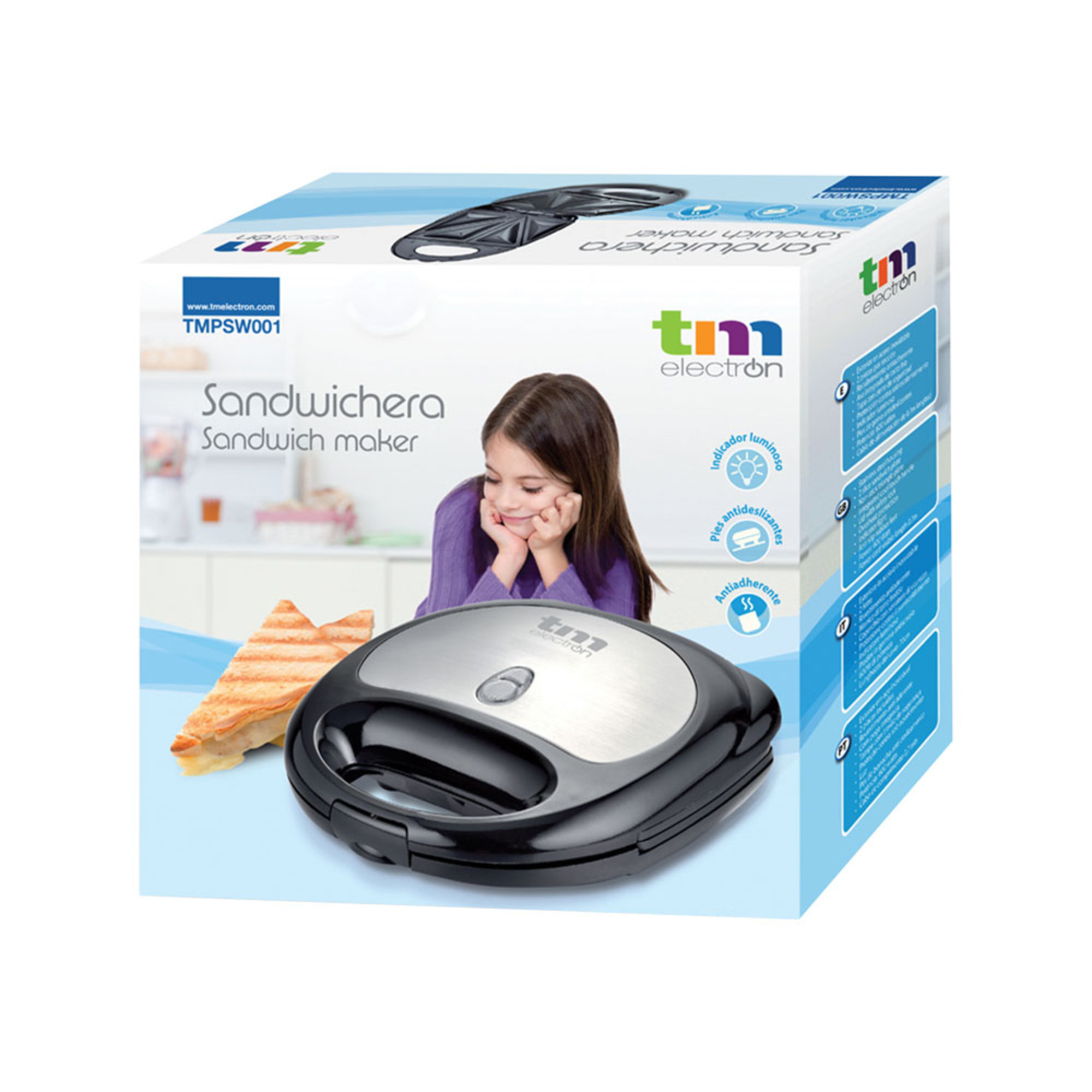 Una caja de sandwichera con la imagen de una niña y un sándwich.