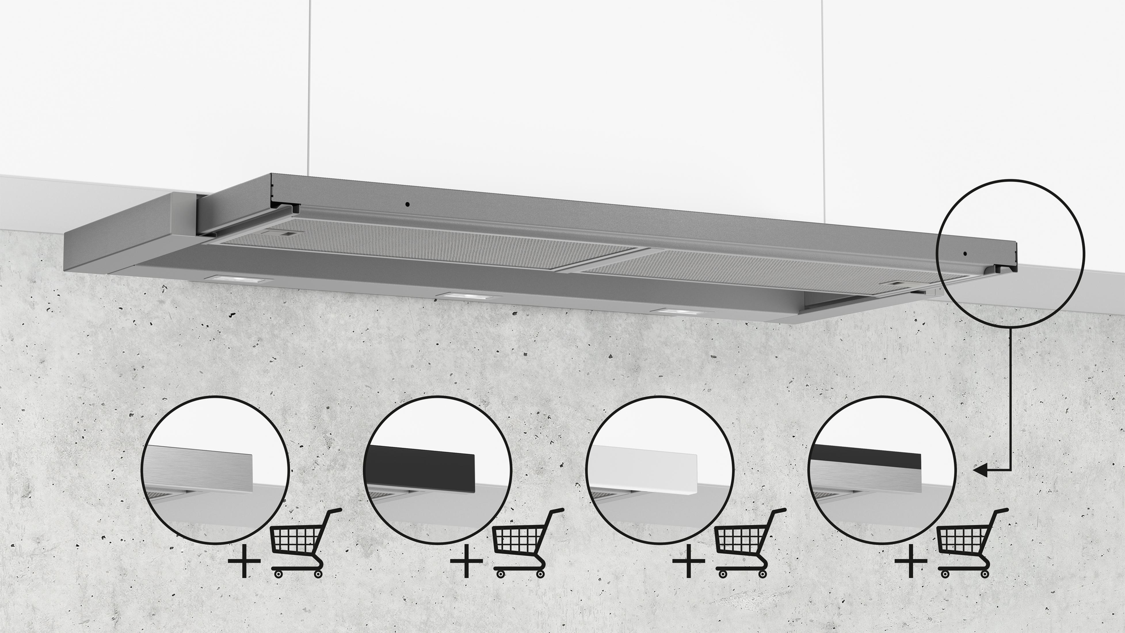 Installazione di cappa da cucina con opzioni: argento, nero, bianco e nero con finiture argento.
