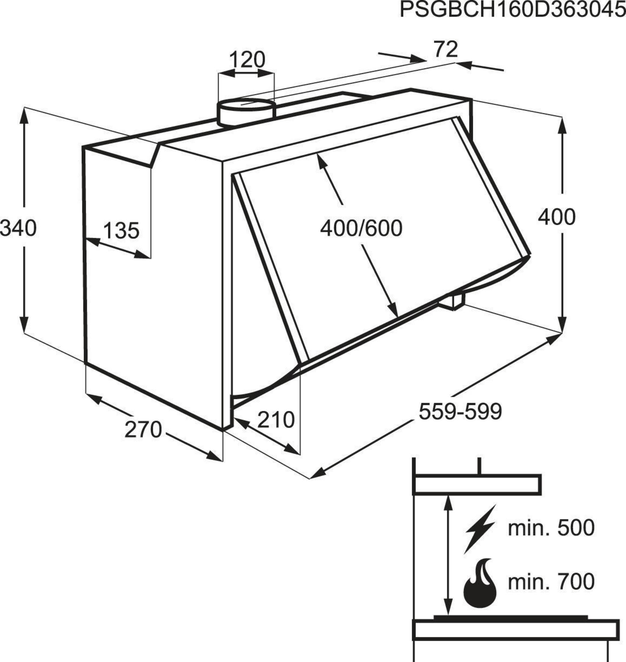 Ein Diagramm einer Dunstabzugshaube mit Abmessungen in mm.
