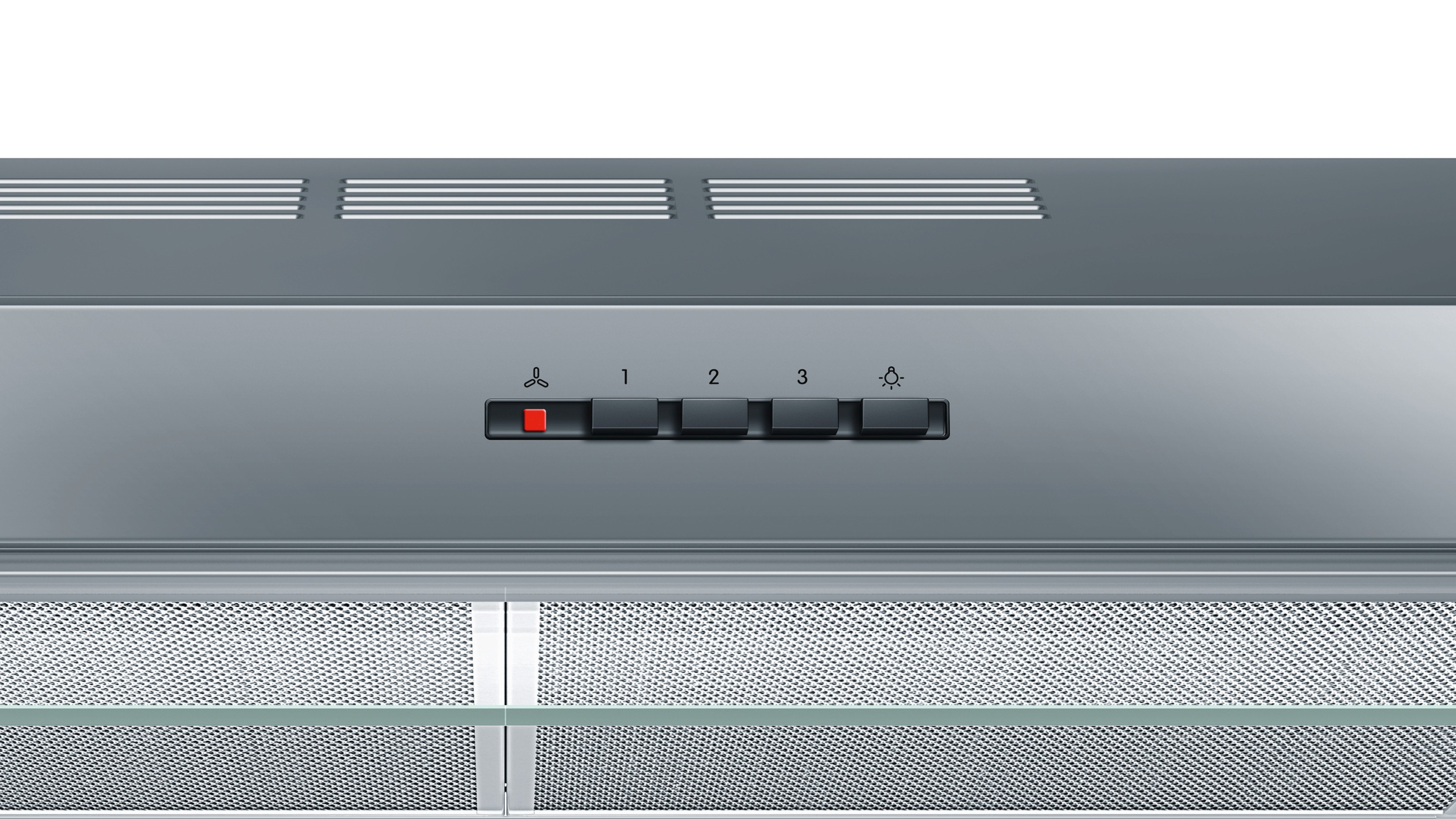 Panel sterowania okapu ze stali nierdzewnej z przyciskami wentylatora, prędkości i światła.