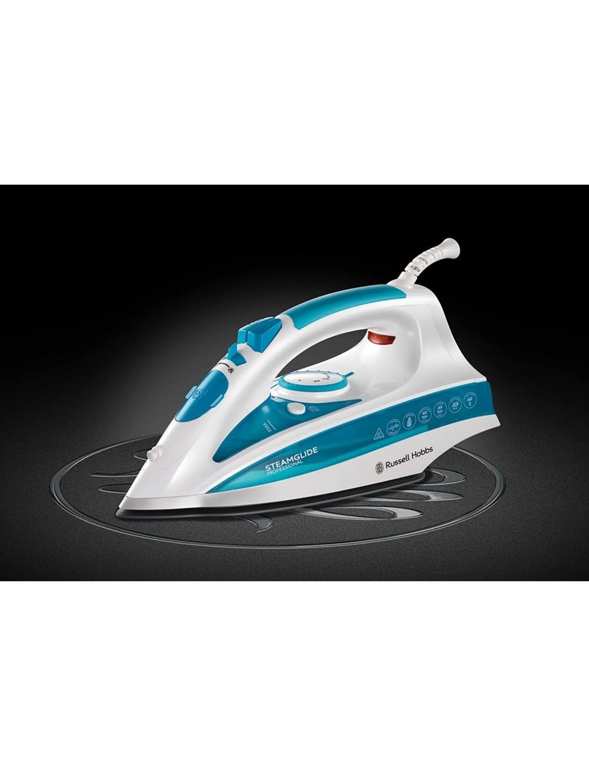 Una plancha sobre una superficie negra con el logo steamglide y la marca Russell Hobbs.