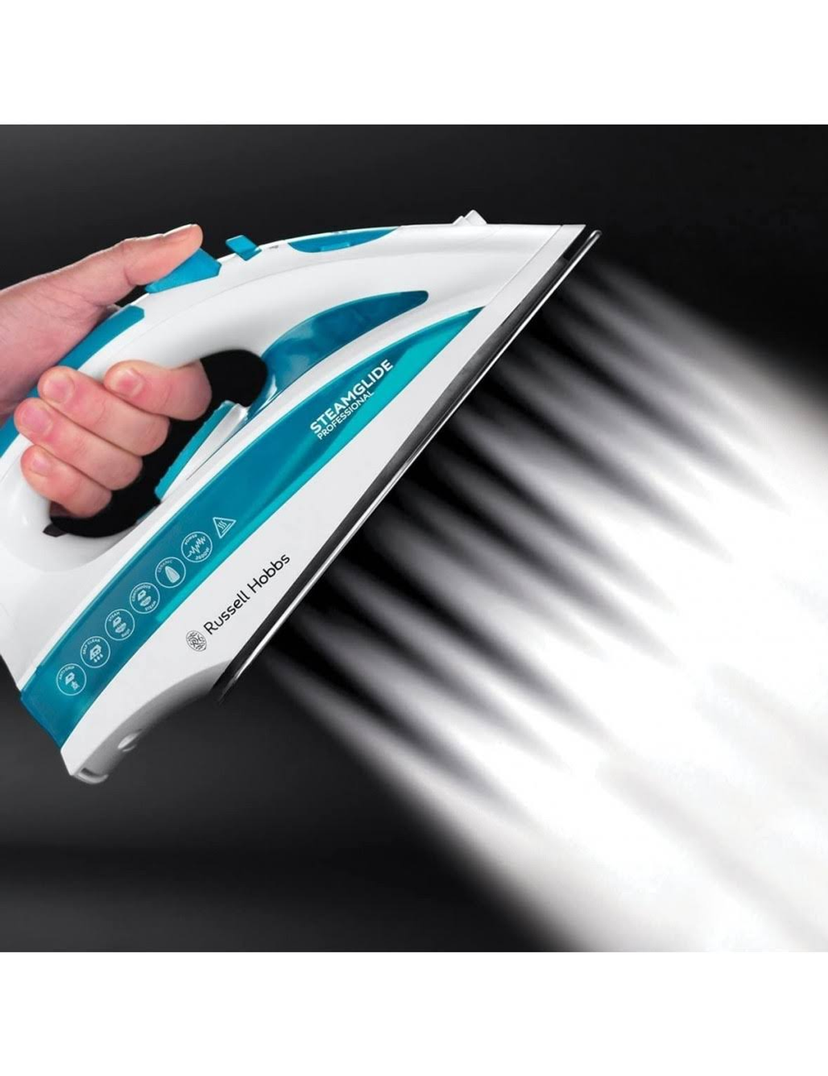 Una mano sostiene una plancha blanca y azul que emite vapor.