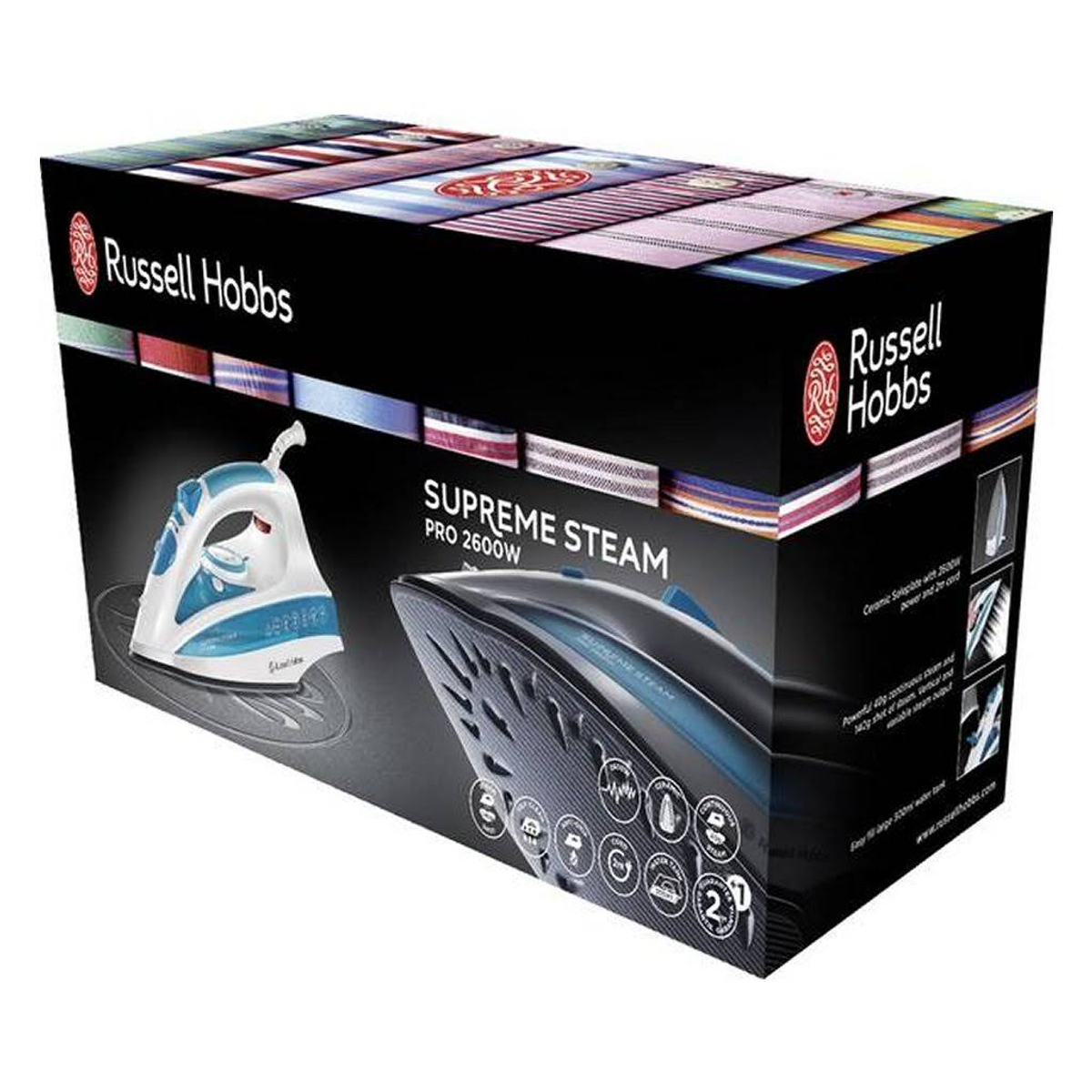 Caja con una imagen de una plancha blanca y azul. La caja es negra con texto rojo y blanco.