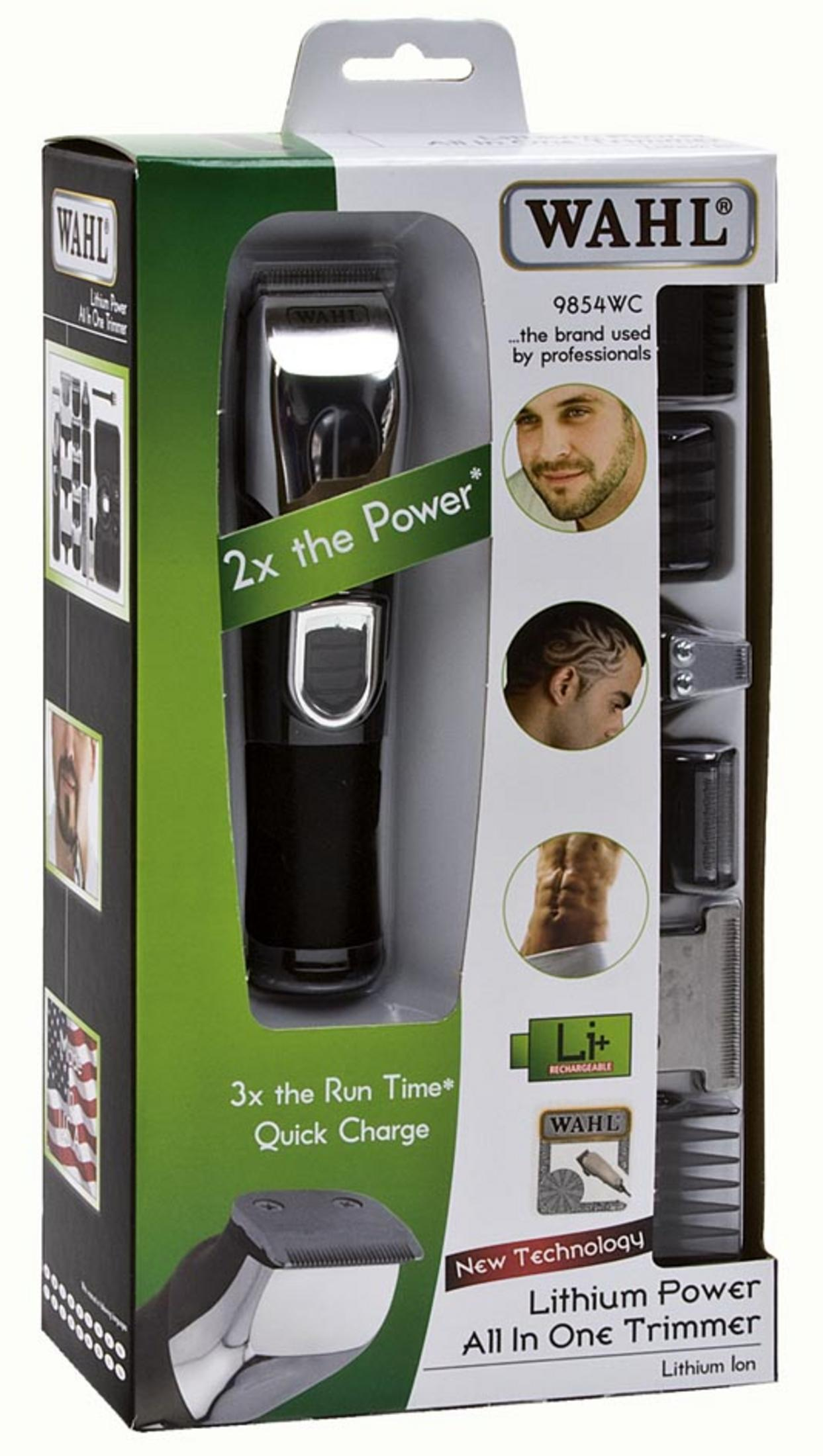 Trymer Wahl Lithium Power All in One w pudełku. Pudełko pokazuje trymer i akcesoria.