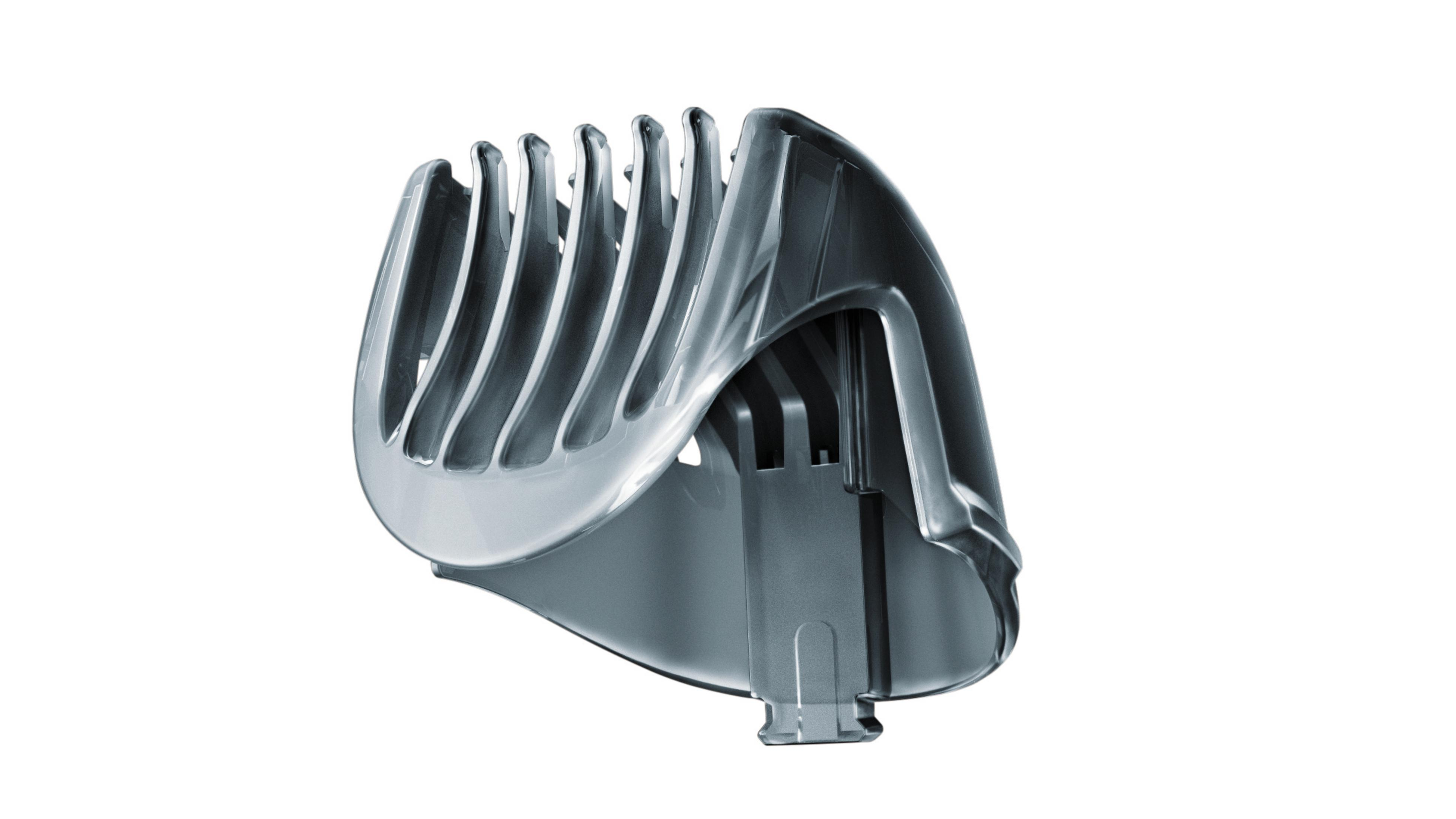 Czarna i srebrna nasadka do maszynki do strzyżenia włosów na białym tle.