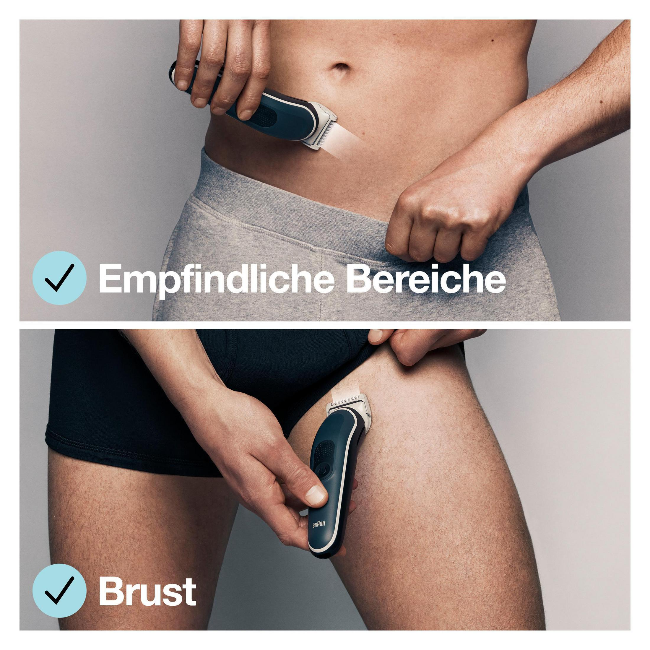 Obrazy pokazujące mężczyznę używającego trymera na klatce piersiowej i w pachwinie. Tekst po niemiecku.
