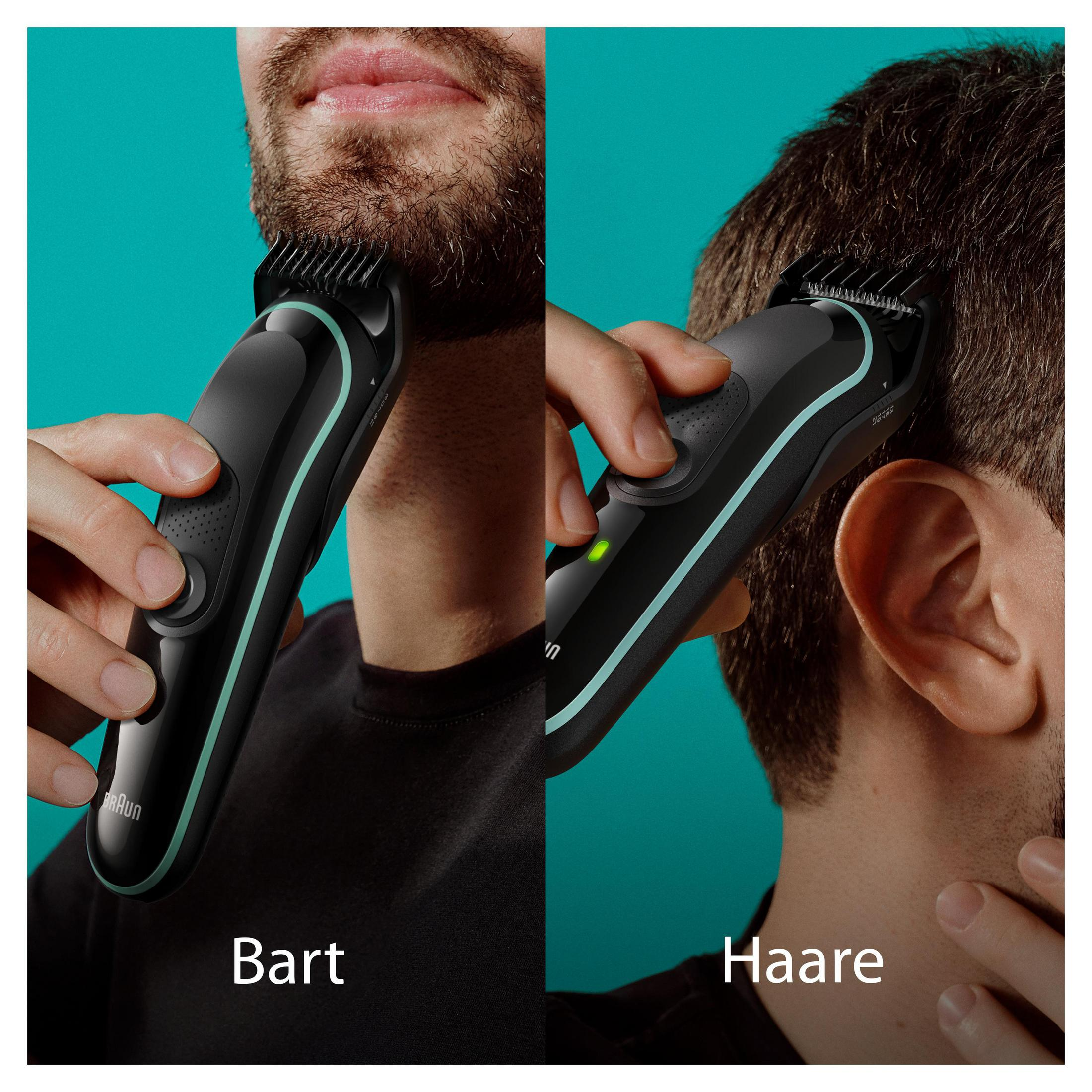 Zwei Bilder zeigen Bart- und Haartrimmen mit schwarzen Trimmern.