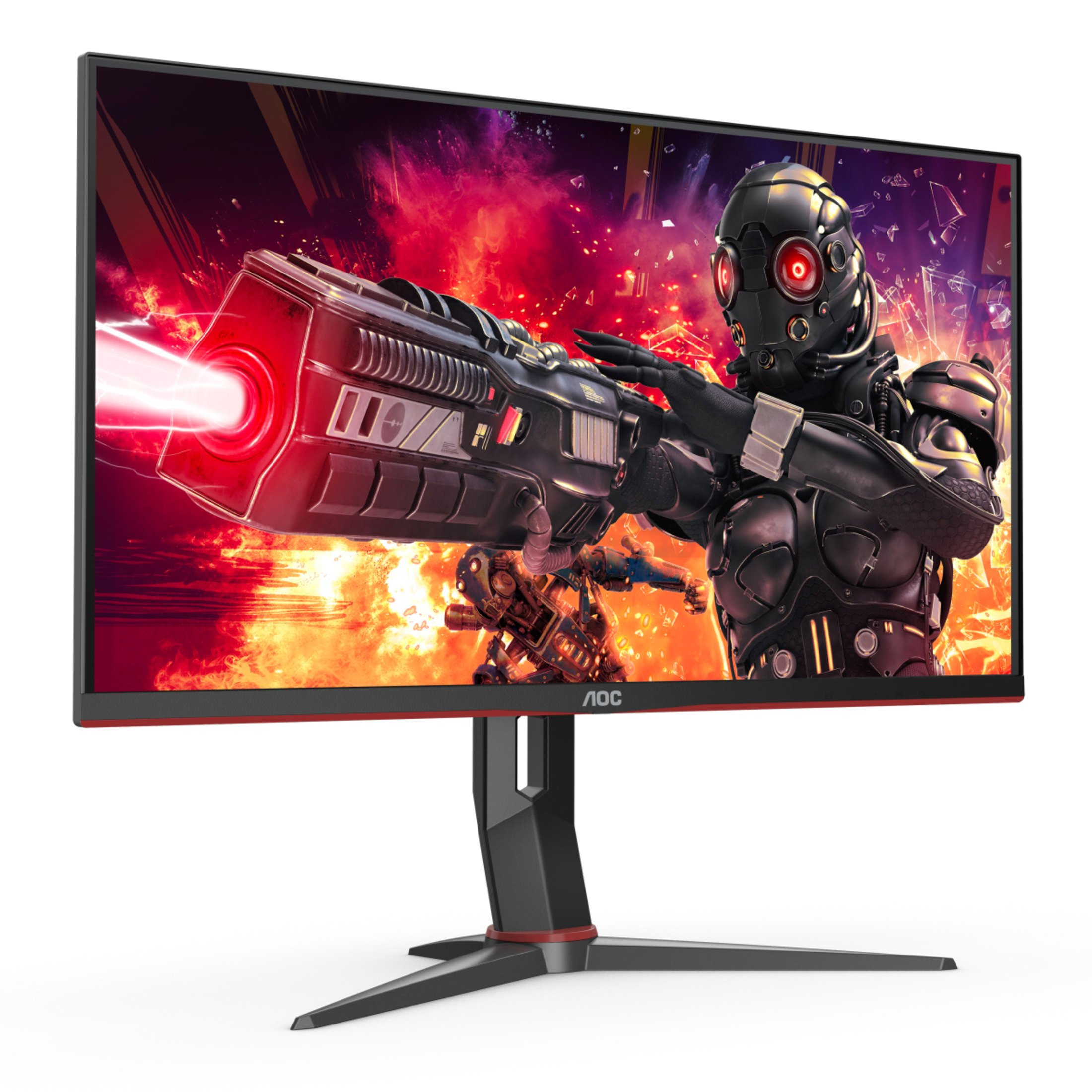 Un moderno monitor da gioco che mostra una scena di fantascienza con un soldato futuristico.