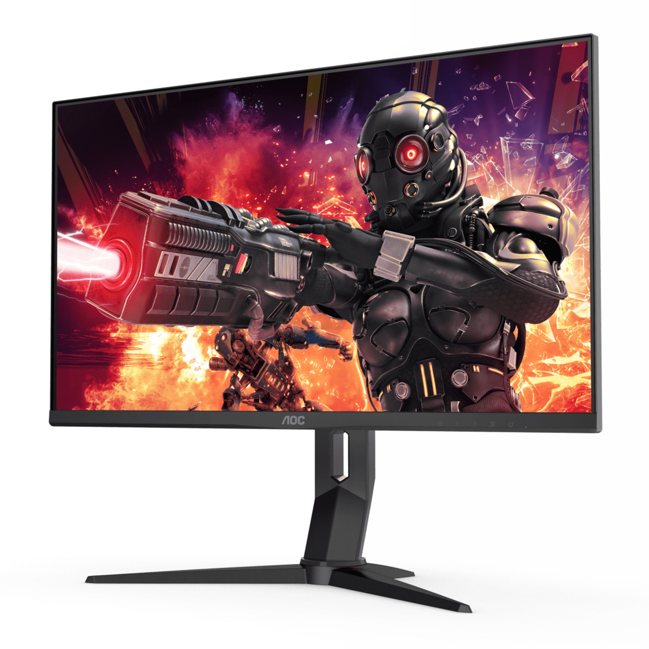 Monitor da gioco AOC che mostra una scena d'azione fantascientifica. Ha un supporto e una cornice neri.