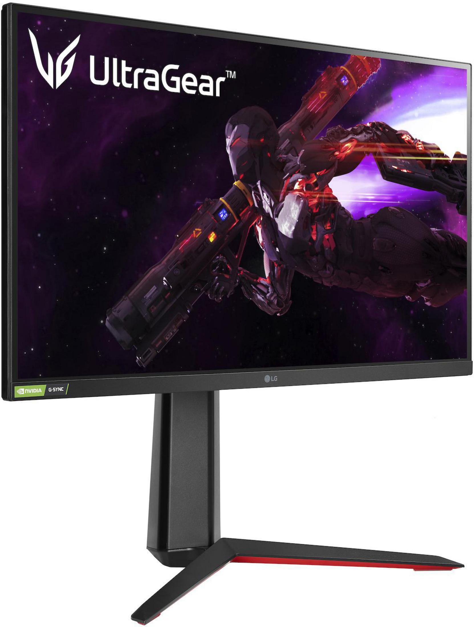 LG UltraGear Gaming-Monitor, der eine Spielszene mit einer futuristischen Figur anzeigt.