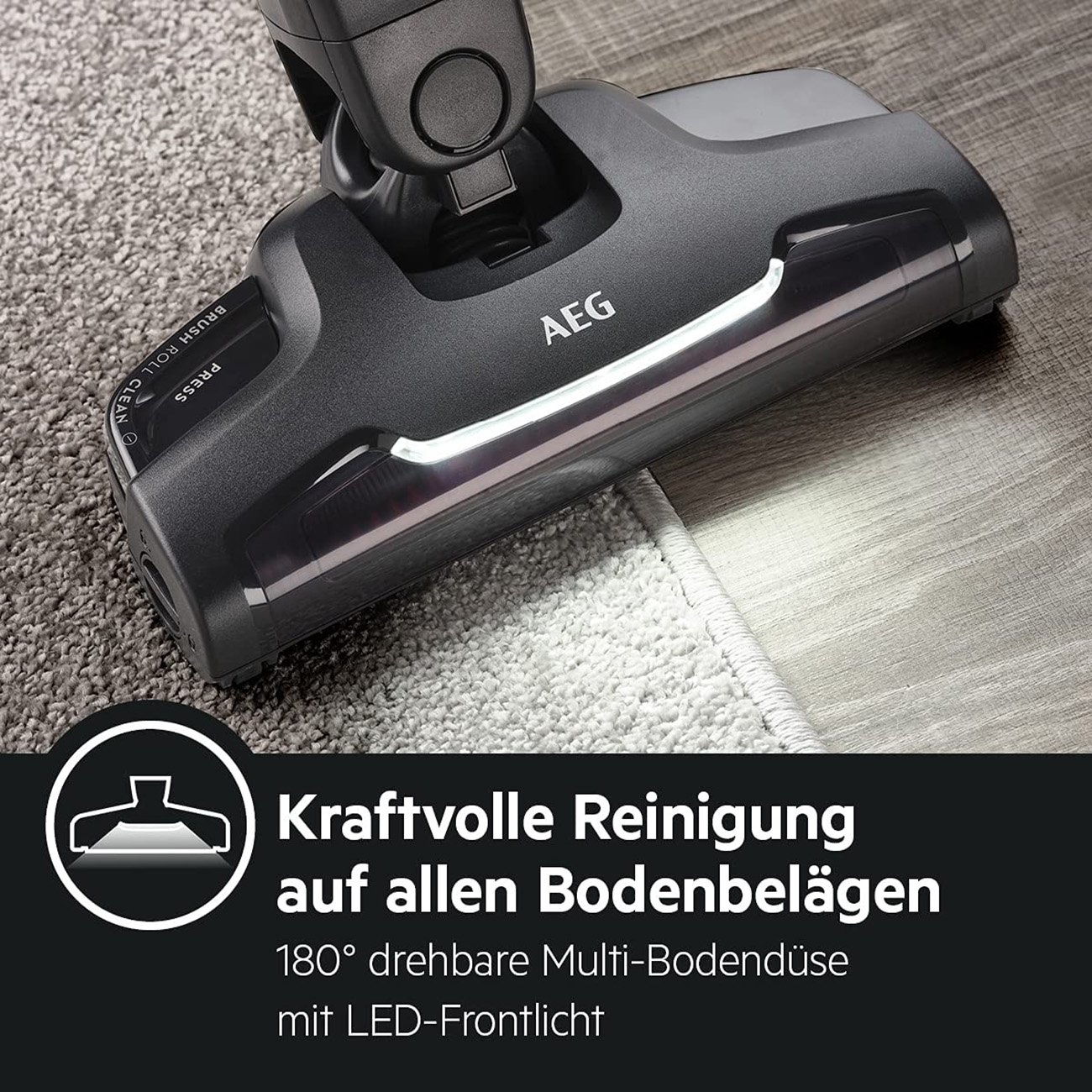 Ein schwarzer und grauer Staubsaugerkopf. Text: Kraftvolle Reinigung auf allen Bodenbelägen.