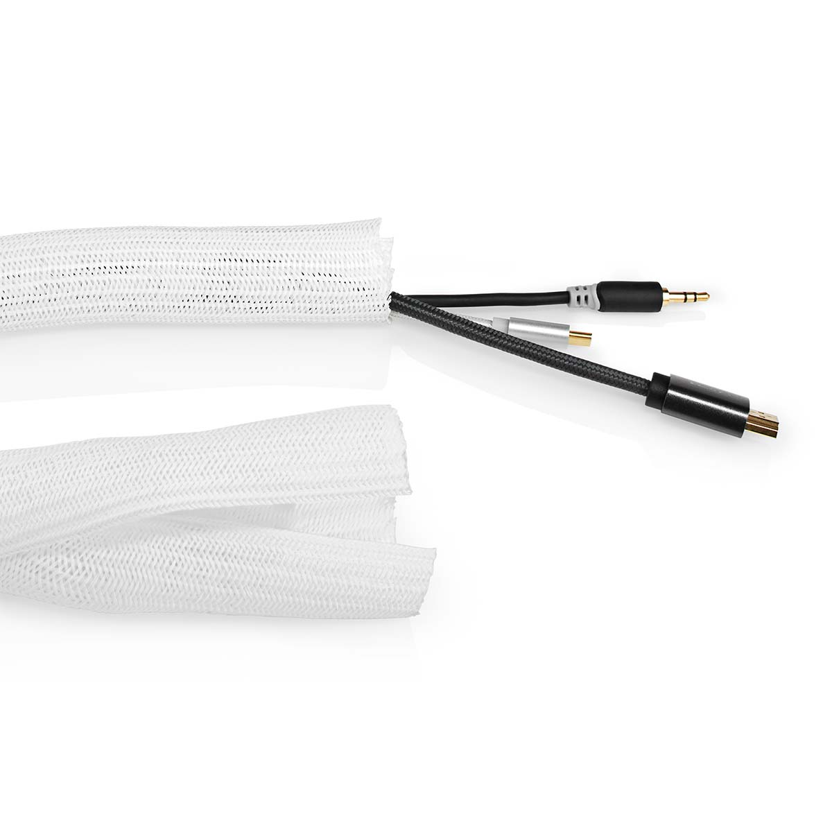 White cable with audio jacks, with a white fabric cover and a white background.