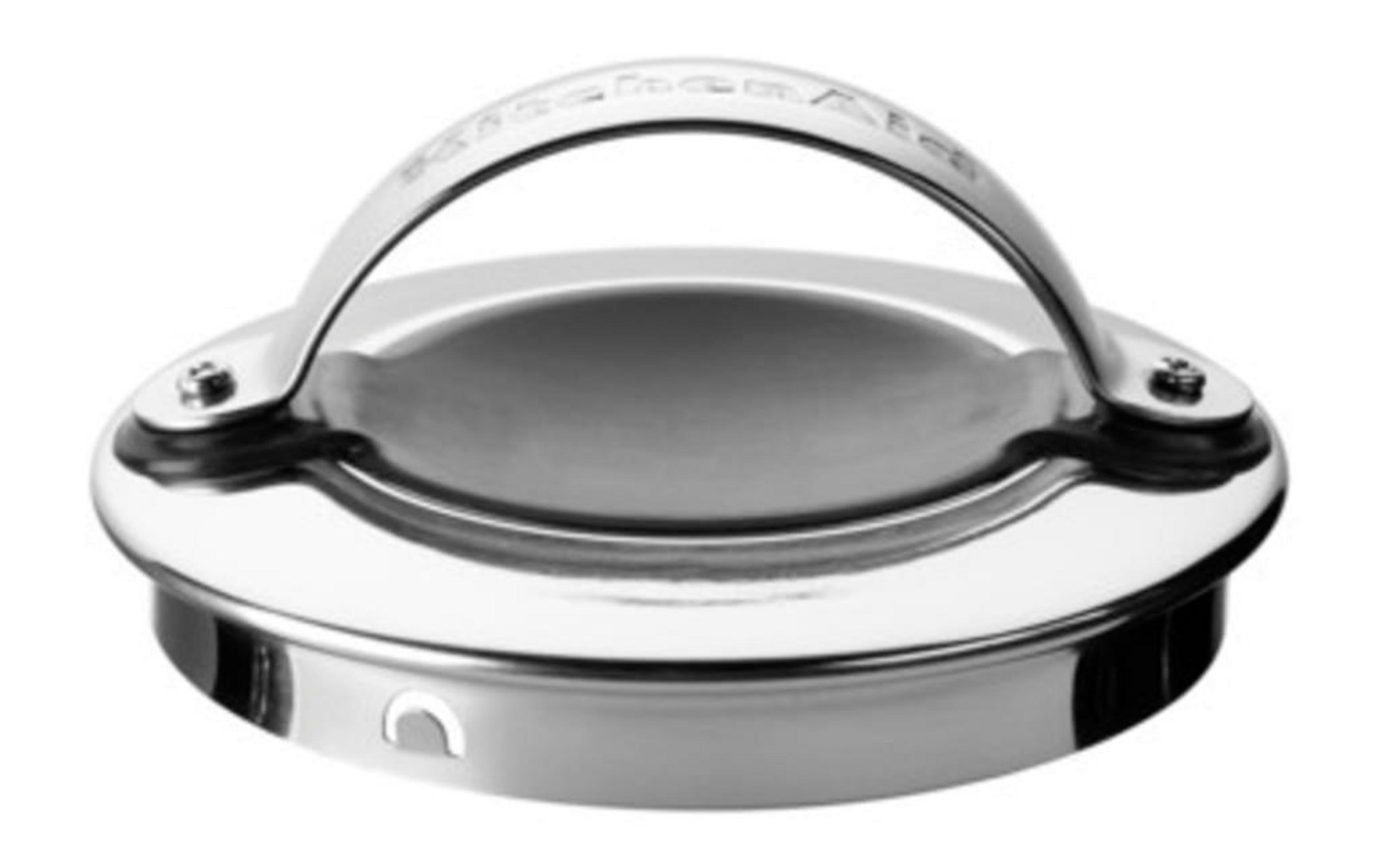 Silver KitchenAid lid with handle. It's stainless steel and circular.
