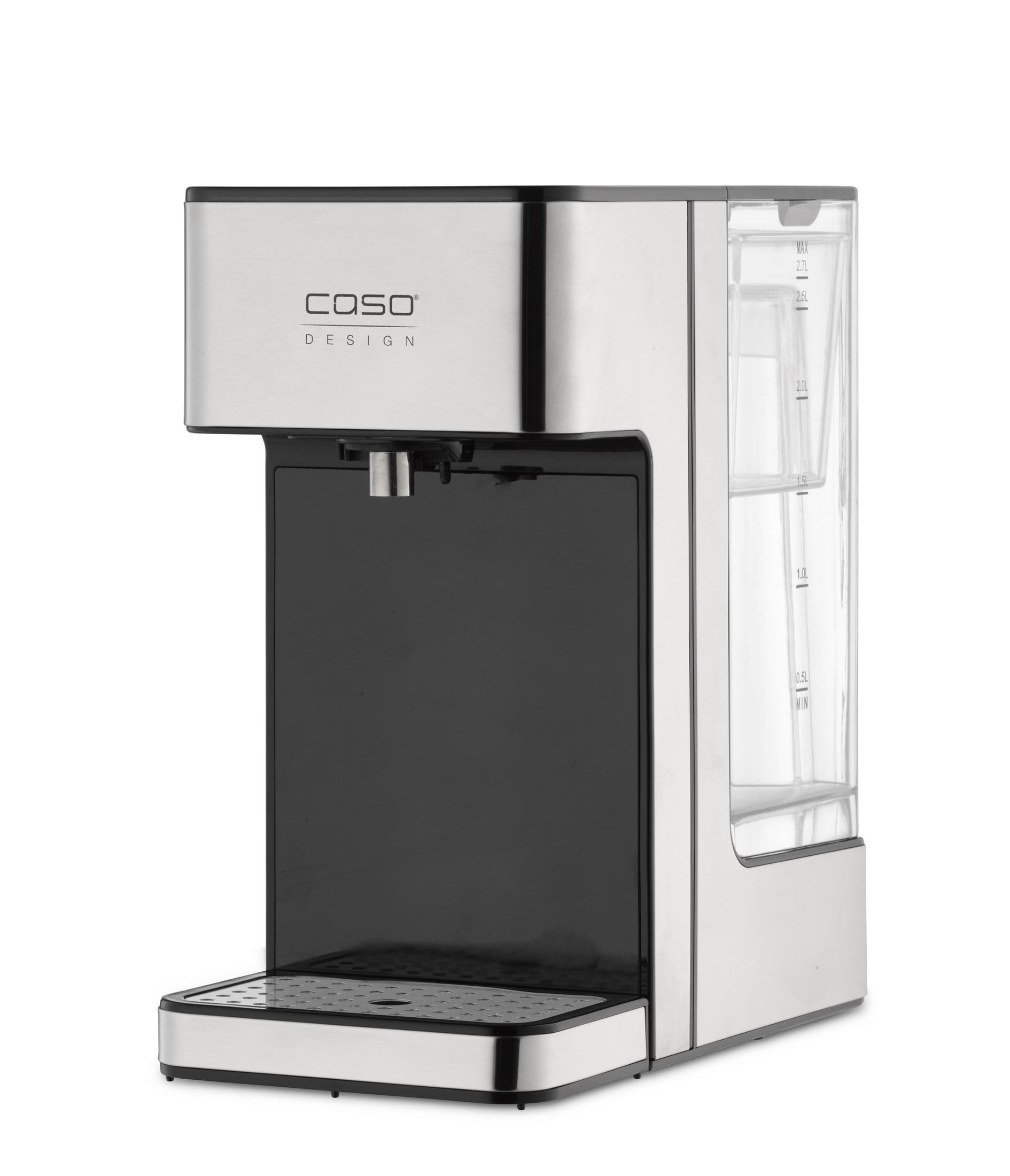 Silber-schwarzer Wasserspender mit einem transparenten Wassertank rechts.