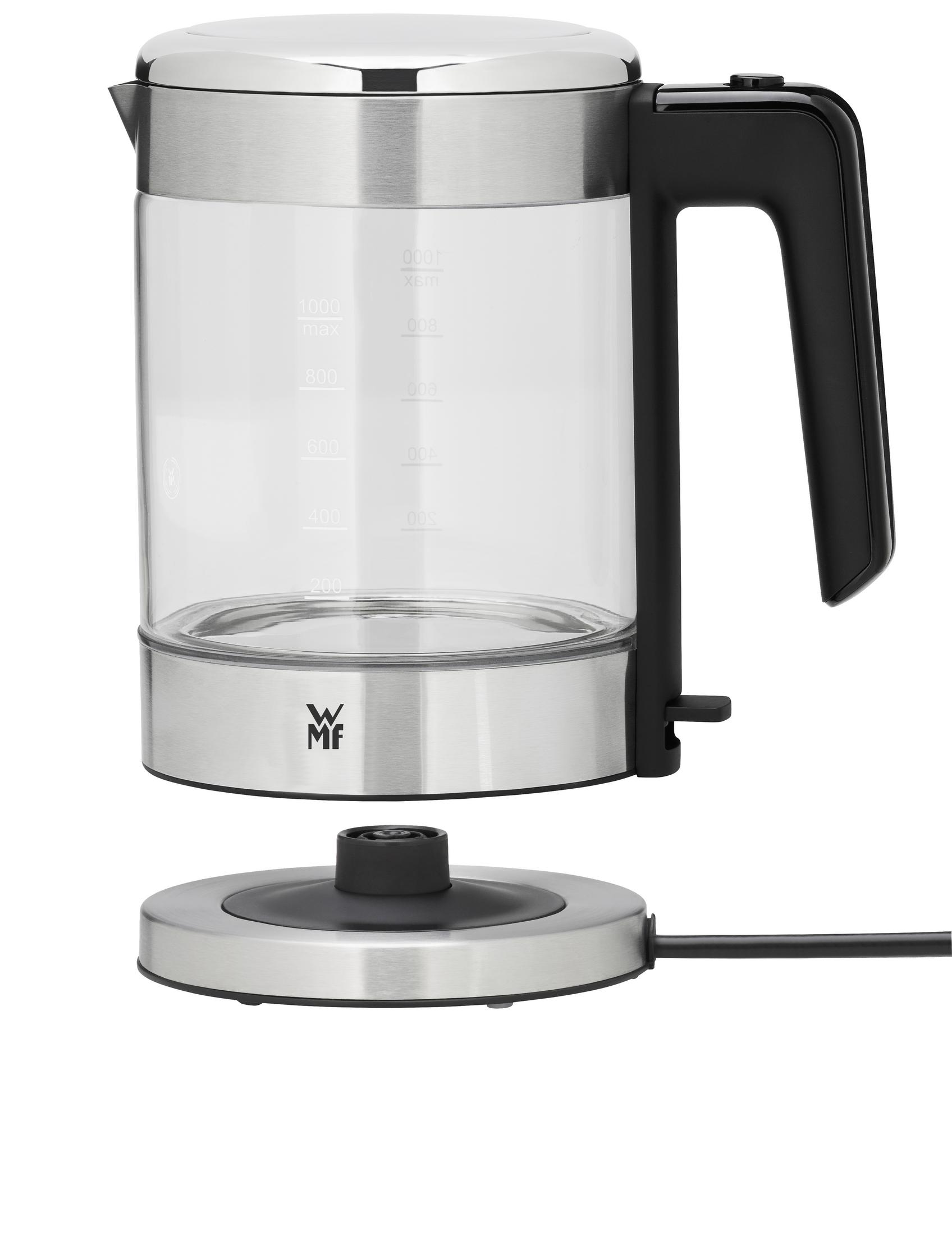 Szklany czajnik elektryczny z czarnym uchwytem i podstawą. Podstawa jest odłączona.