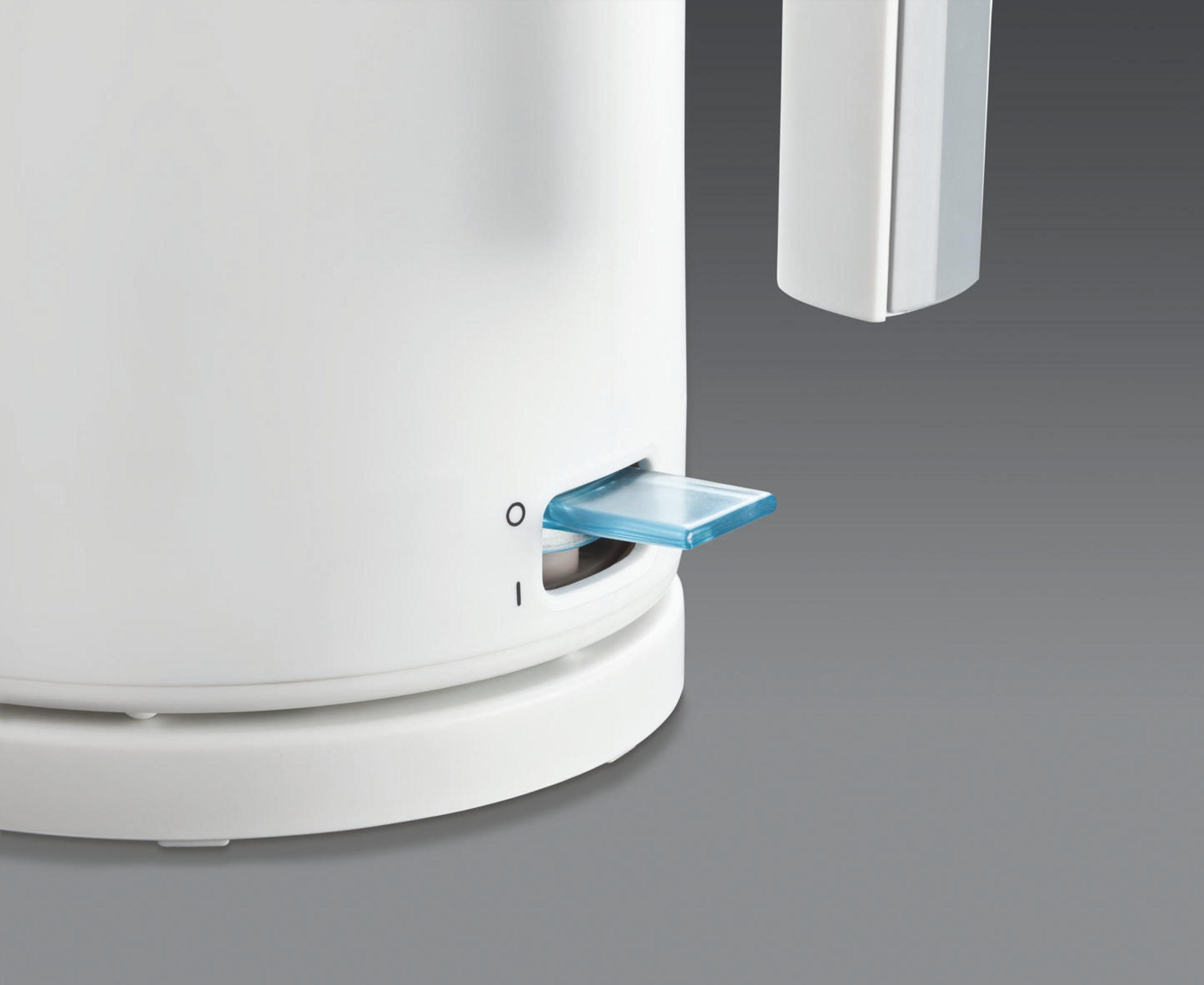 Weißer Wasserkocher mit blauem Schalter. Schalter in der 'Aus'-Position.