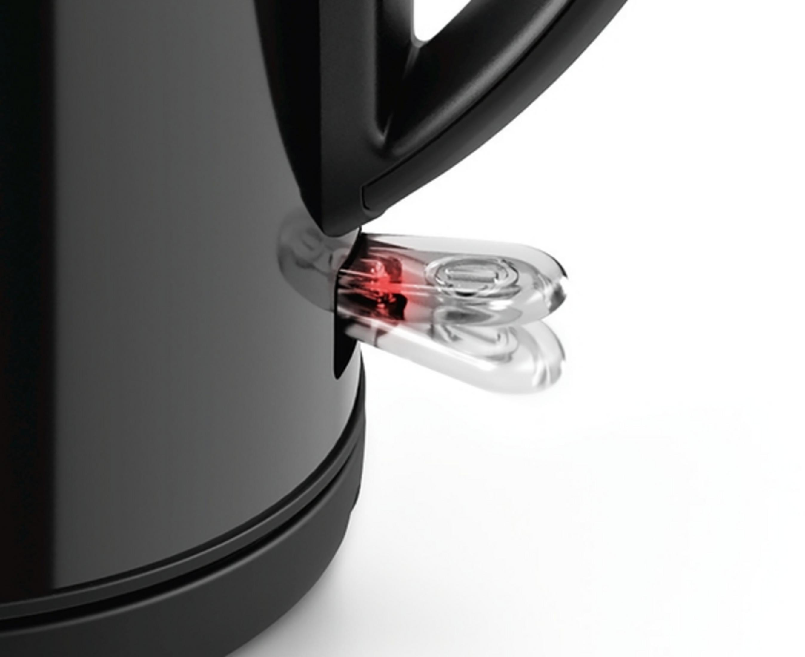 Close-up van een zwarte waterkoker met de verlichte transparante waterniveau-indicator.