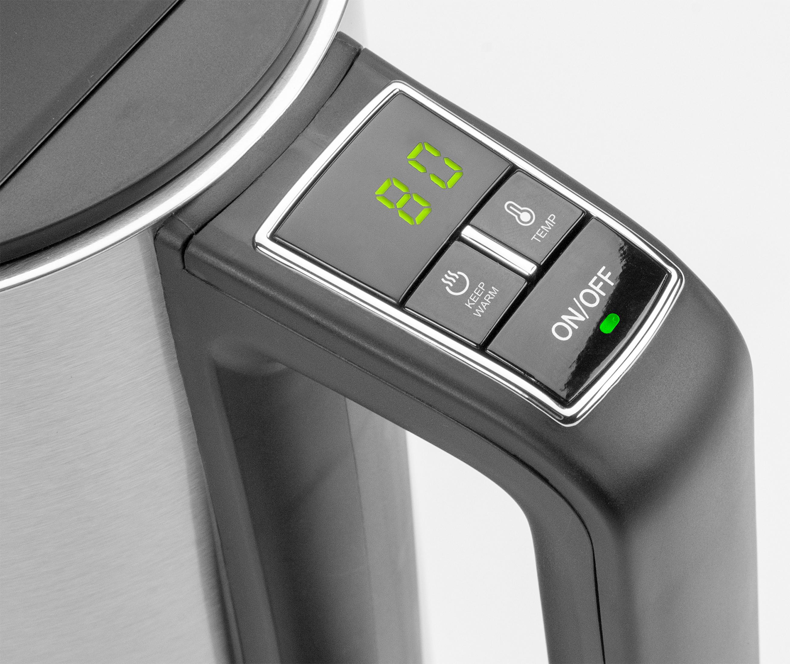 Panel sterowania czajnika z wyświetlaczem cyfrowym pokazującym 85, z podświetlonym przyciskiem podtrzymywania ciepła.