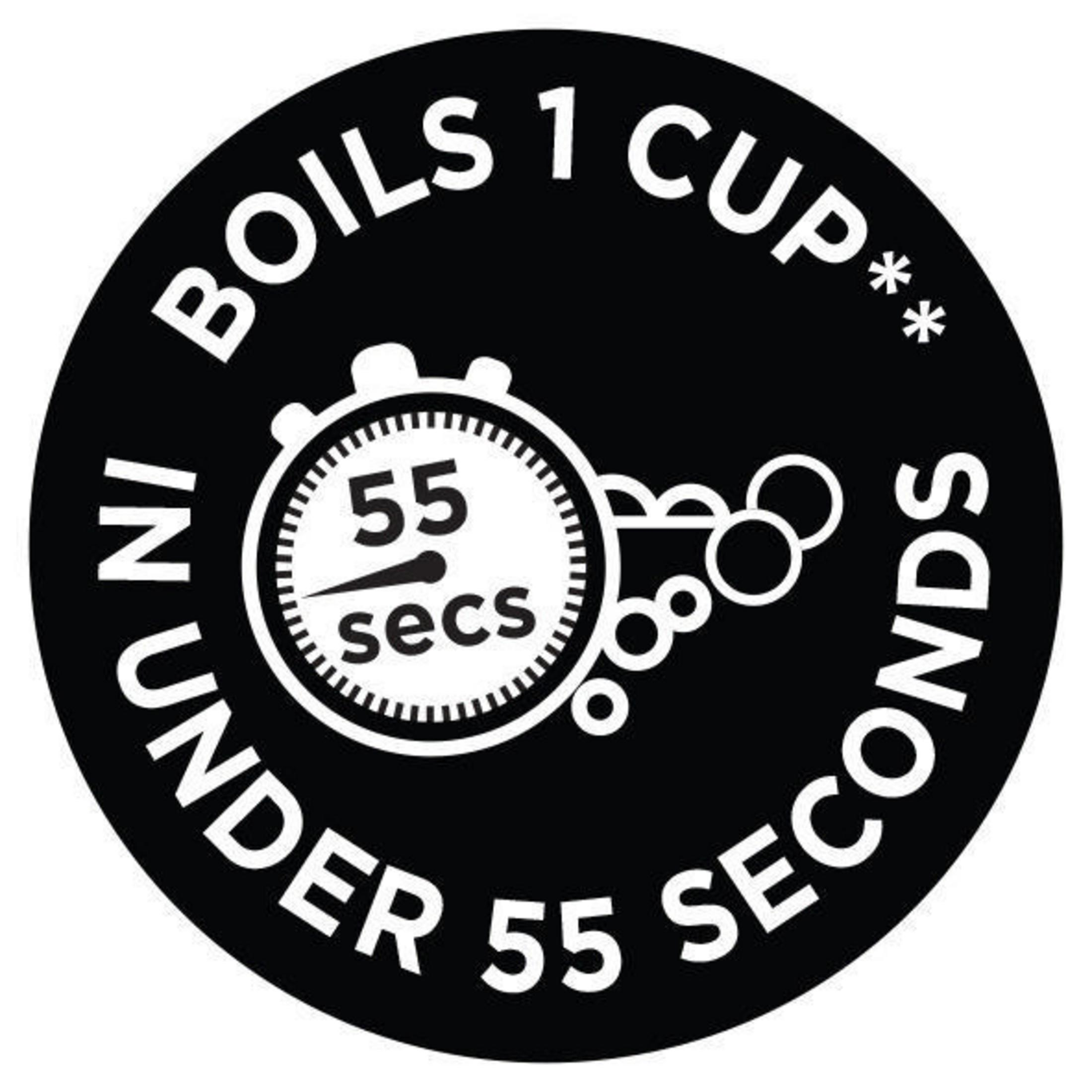 Czarny okrąg z tekstem o wrzącej wodzie. Pokazuje 55 sekund z grafiką zegara.