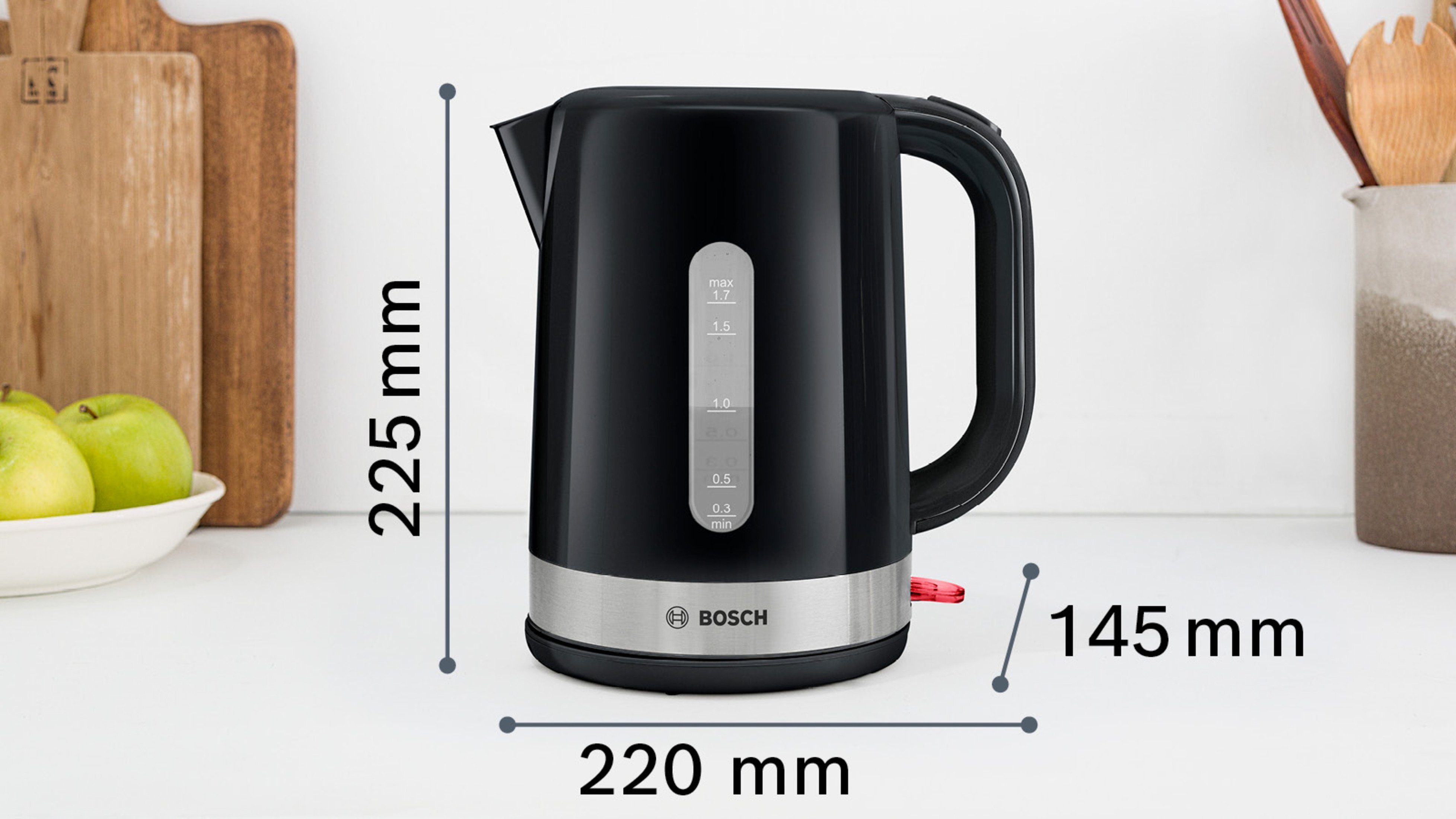 Bollitore elettrico nero con dimensioni: altezza 225 mm, larghezza 220 mm, profondità 145 mm.