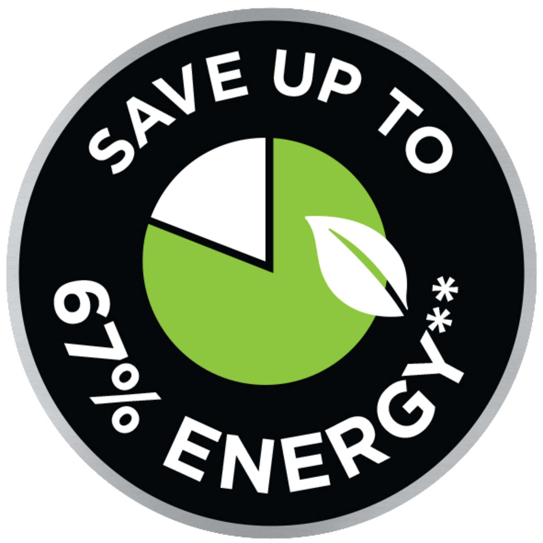 Schwarzes und grünes Energiespar-Abzeichen mit Blatt und Text: Bis zu 67% Energie sparen.